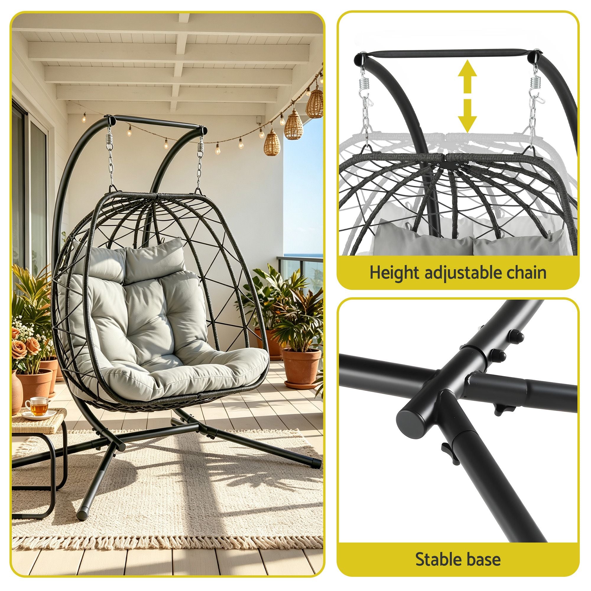 Outdoor Swing Chair 2 Seater with Stand Cushion Rattan Patio Furniture