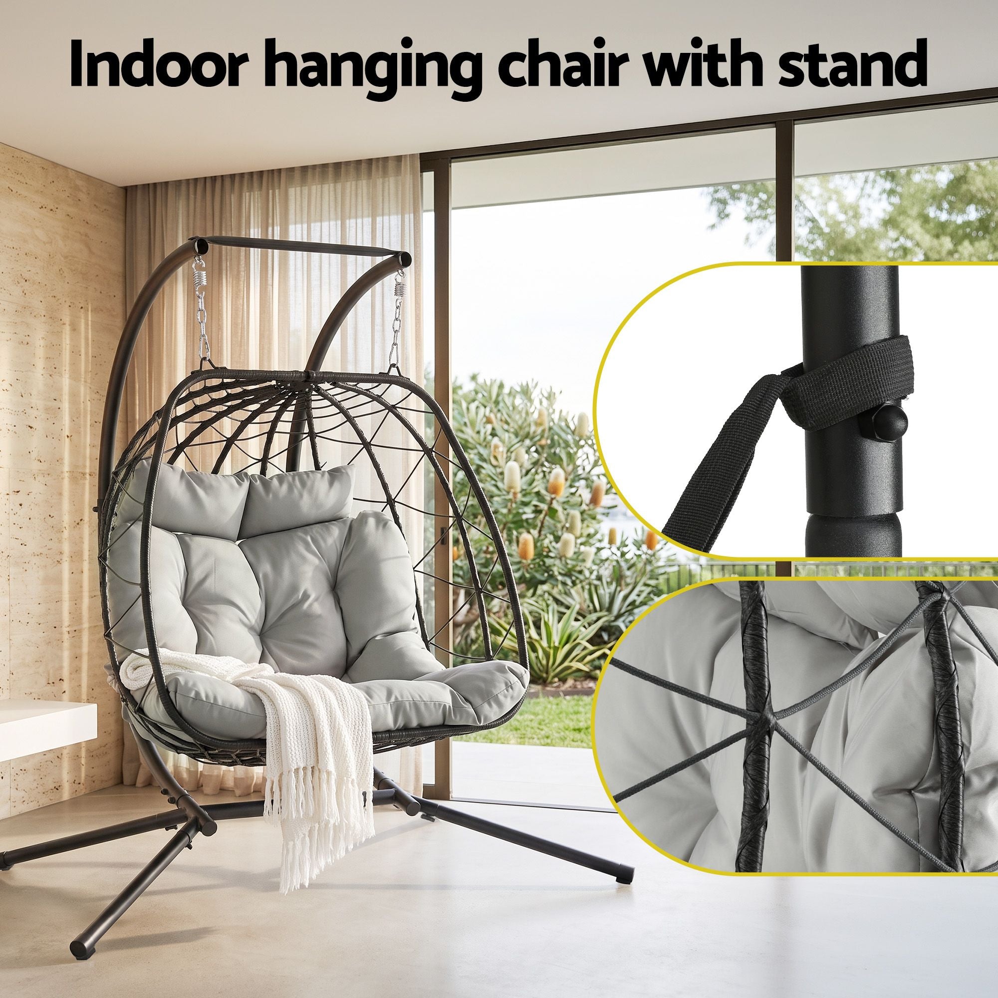 Outdoor Swing Chair 2 Seater with Stand Cushion Rattan Patio Furniture
