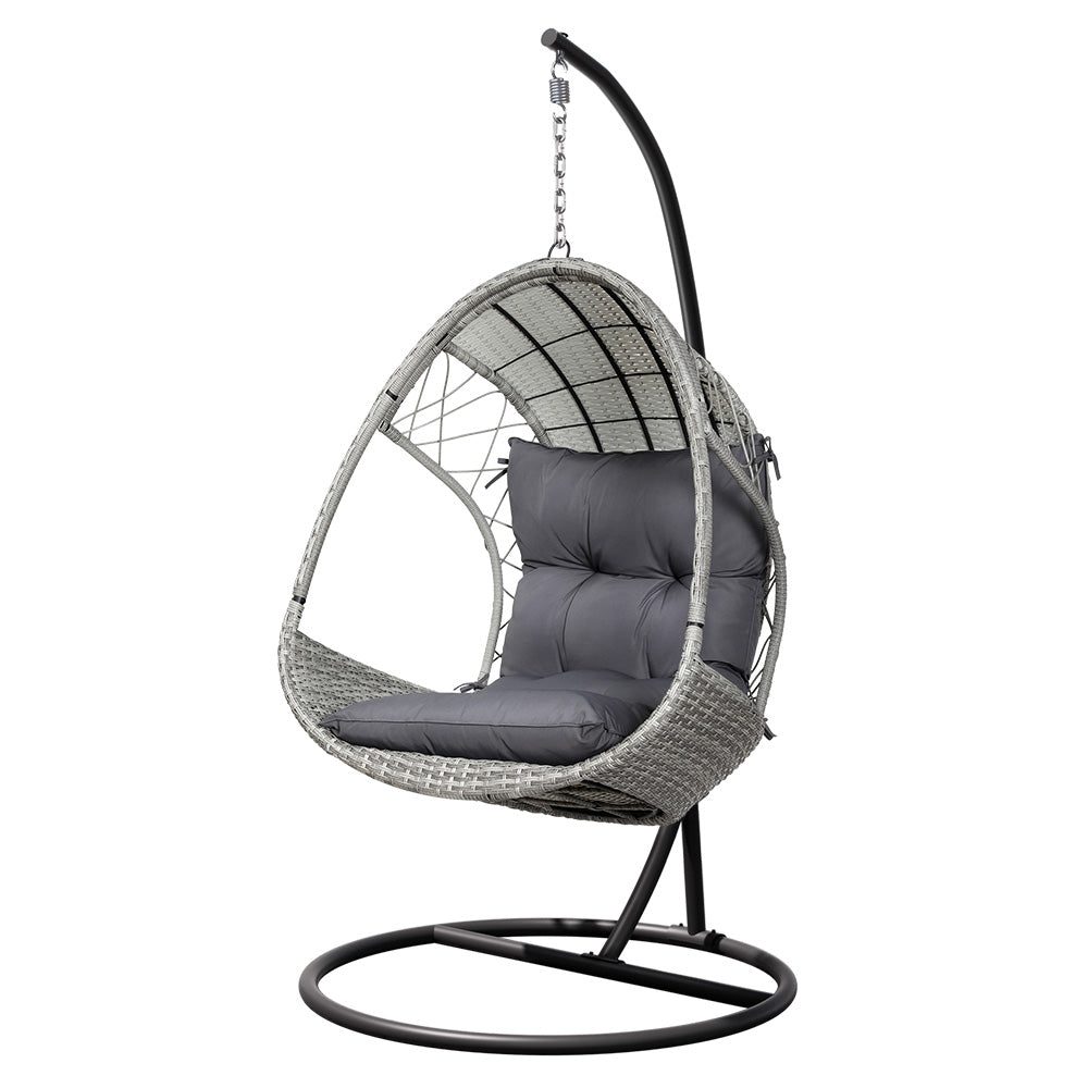 Outdoor Egg Swing Chair with Wicker Pod, Armrest and Stand - Light Grey