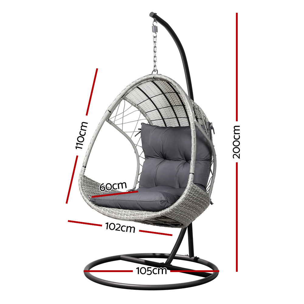 Outdoor Egg Swing Chair with Wicker Pod, Armrest and Stand - Light Grey
