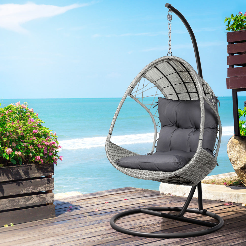 Outdoor Egg Swing Chair with Wicker Pod, Armrest and Stand - Light Grey