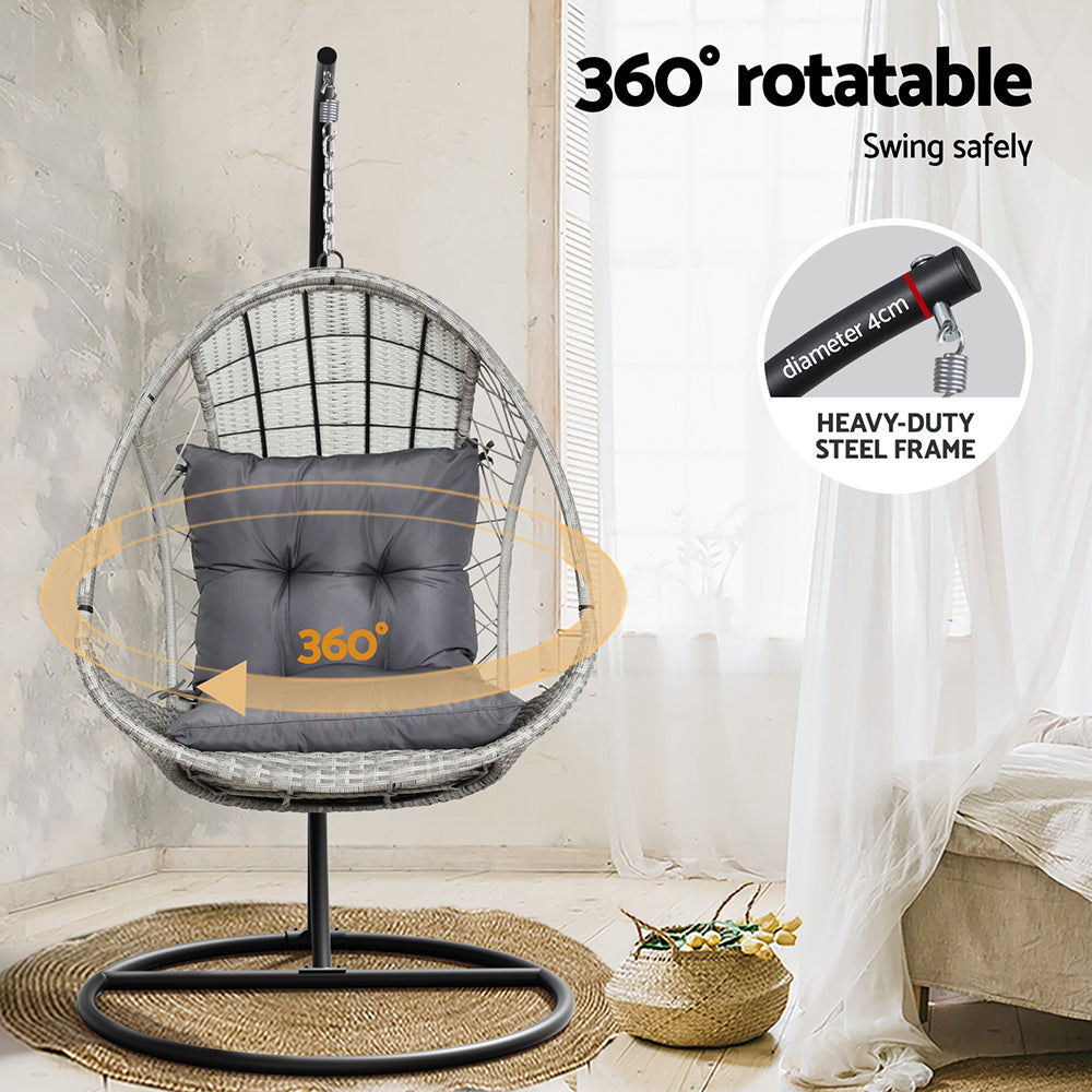 Outdoor Egg Swing Chair with Wicker Pod, Armrest and Stand - Light Grey
