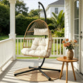 Foldable Outdoor Swing Chair with Stand and Cushion Rattan Patio Furniture - Latte