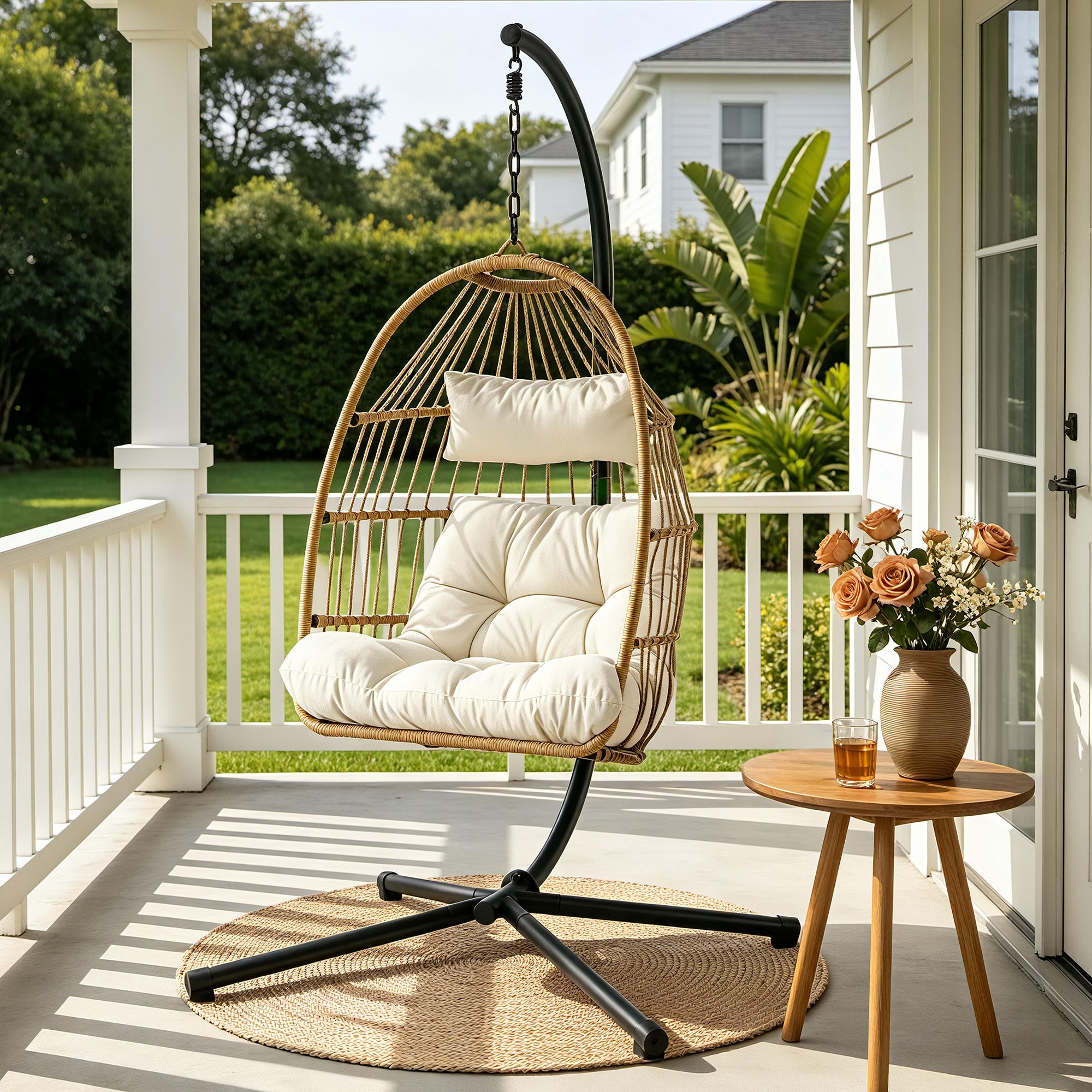 Foldable Outdoor Swing Chair with Stand and Cushion Rattan Patio Furniture - Latte