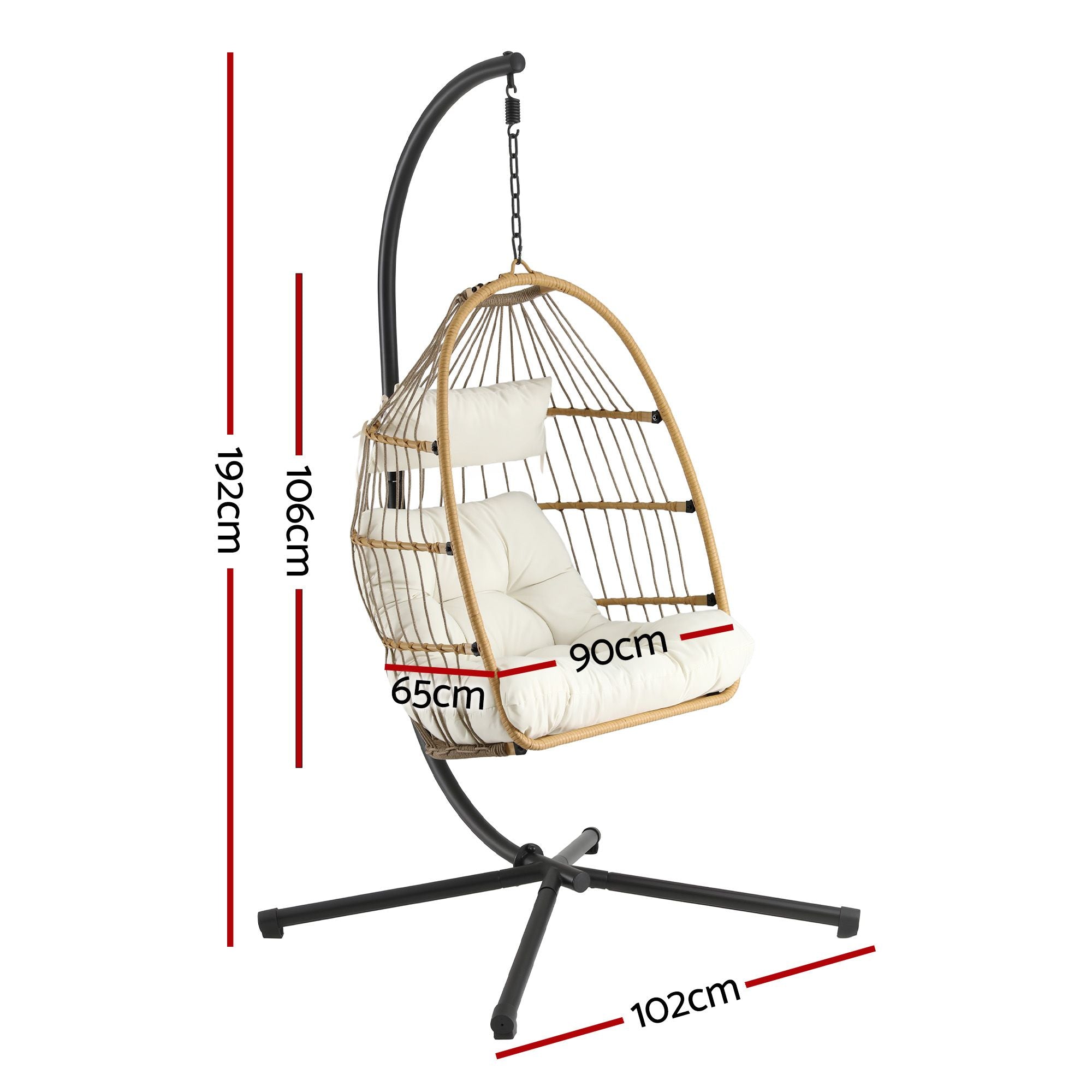 Foldable Outdoor Swing Chair with Stand and Cushion Rattan Patio Furniture - Latte