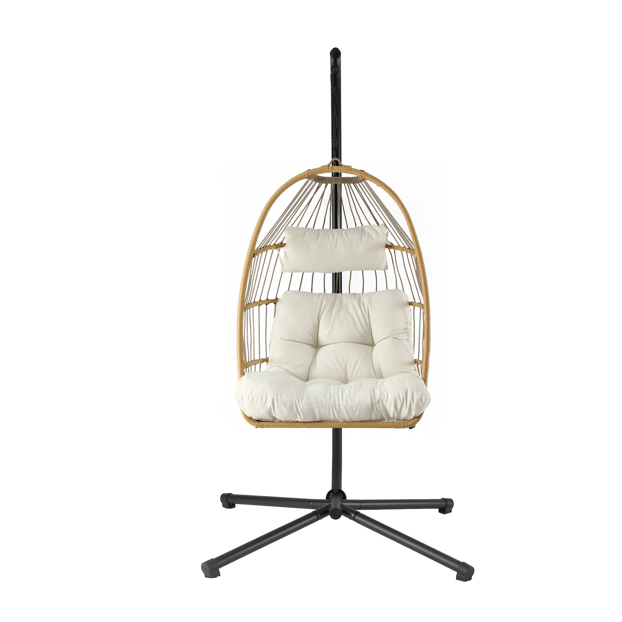 Foldable Outdoor Swing Chair with Stand and Cushion Rattan Patio Furniture - Latte