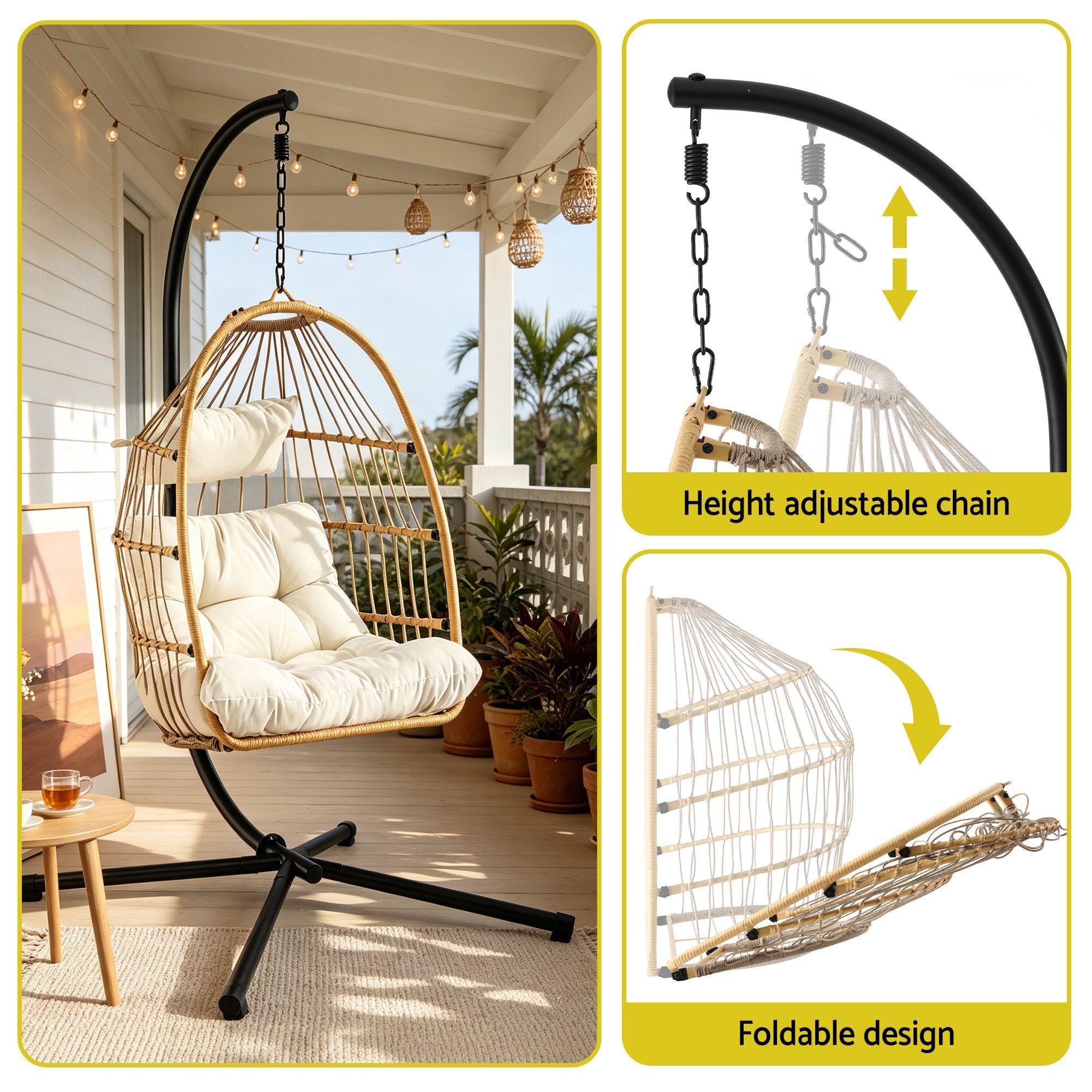 Foldable Outdoor Swing Chair with Stand and Cushion Rattan Patio Furniture - Latte