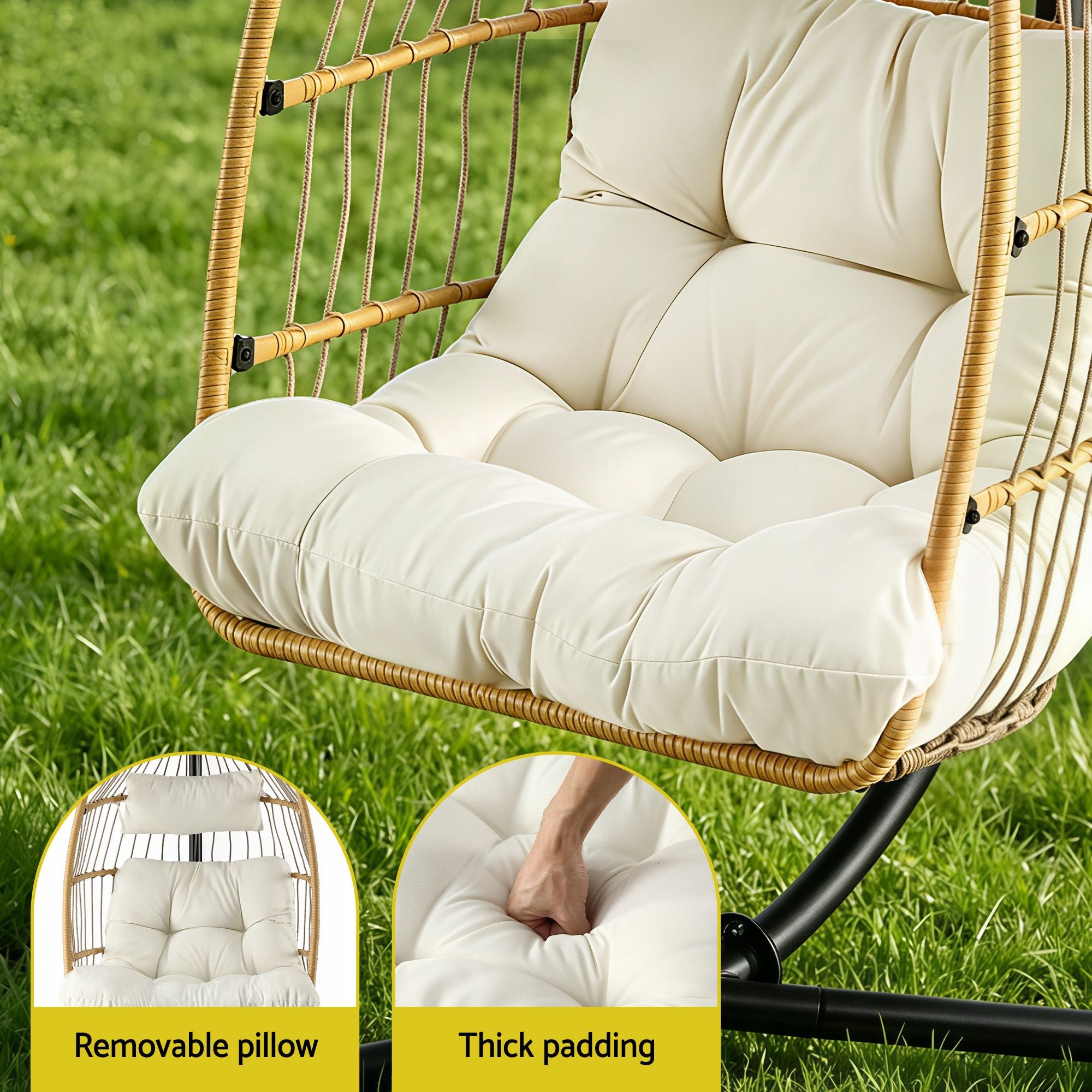 Foldable Outdoor Swing Chair with Stand and Cushion Rattan Patio Furniture - Latte
