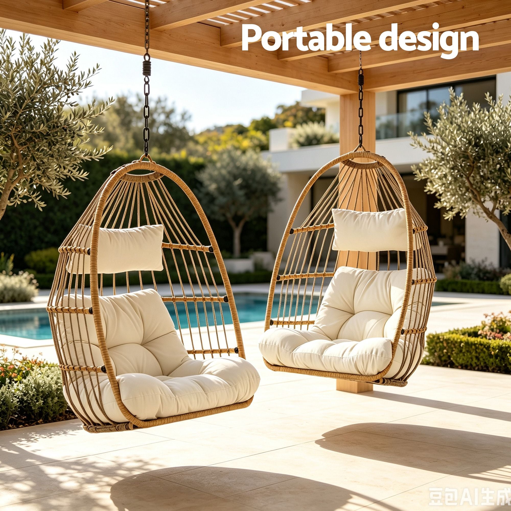 Foldable Outdoor Swing Chair with Stand and Cushion Rattan Patio Furniture - Latte