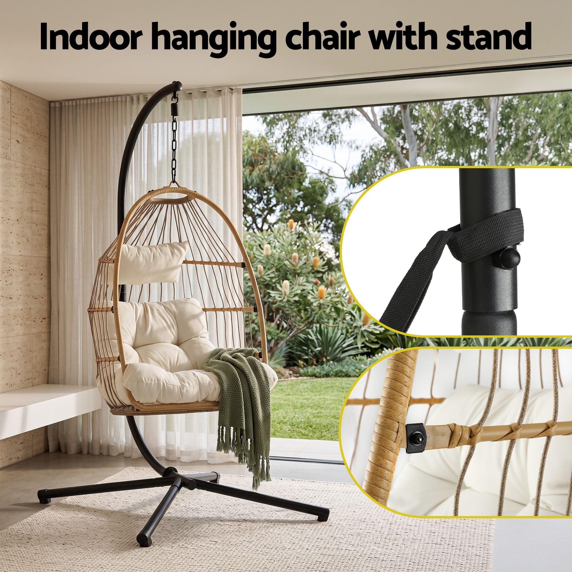 Foldable Outdoor Swing Chair with Stand and Cushion Rattan Patio Furniture - Latte
