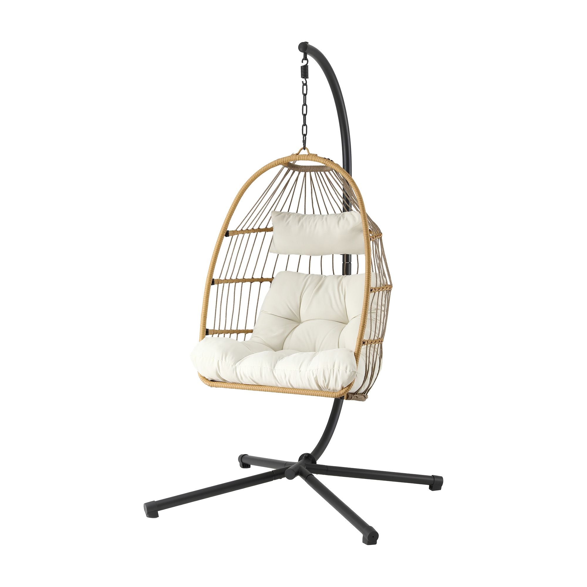 Foldable Outdoor Swing Chair with Stand and Cushion Rattan Patio Furniture - Latte