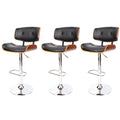 Set of 3 Hailey Wood and Leather Gas Lift Bar Stools Black and Chrome