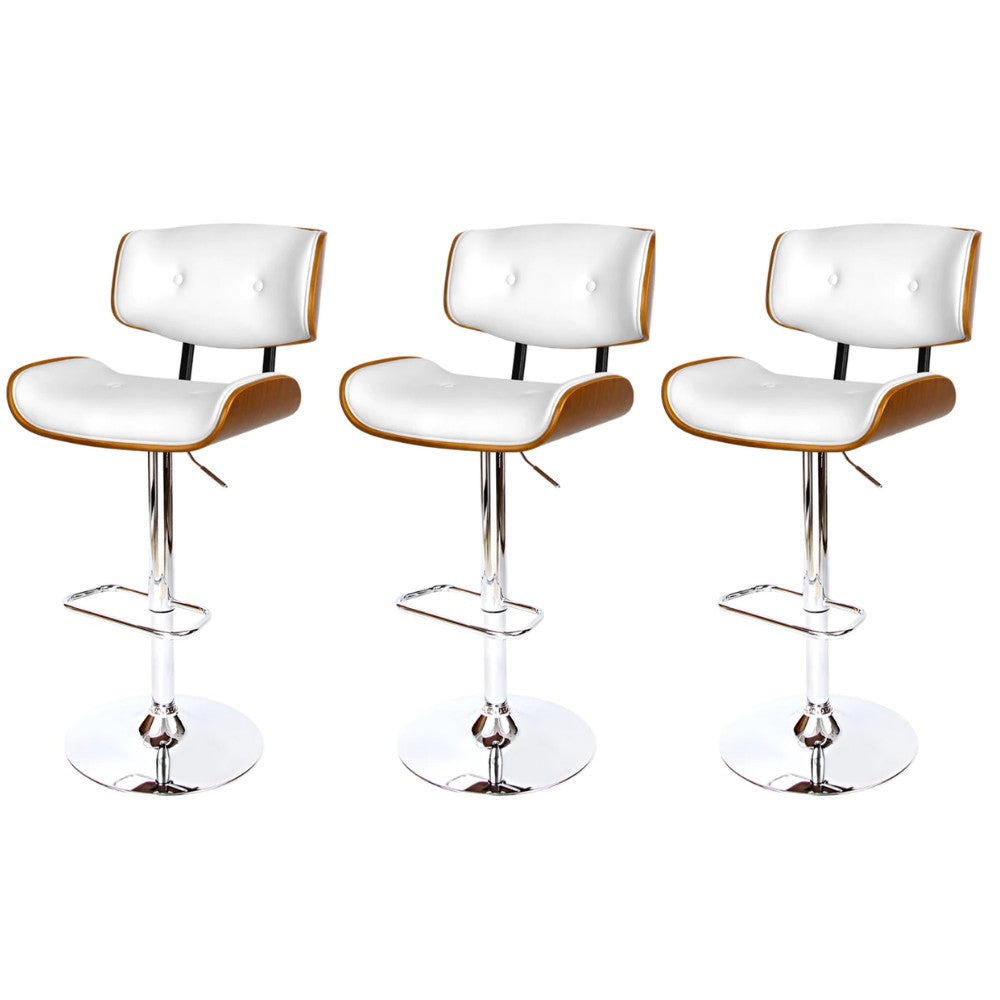 Set of 3 Hailey Wood and Leather Gas Lift Bar Stools White and Chrome