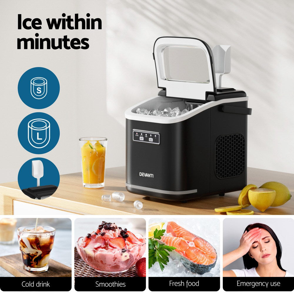 Ice Maker Machine Portable 12kg Countertop w/Self Cleaning 1.3L Black