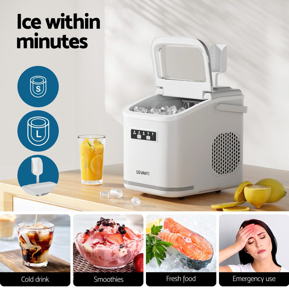 Ice Maker Machine Portable 12kg Countertop w/Self Cleaning 1.3L White