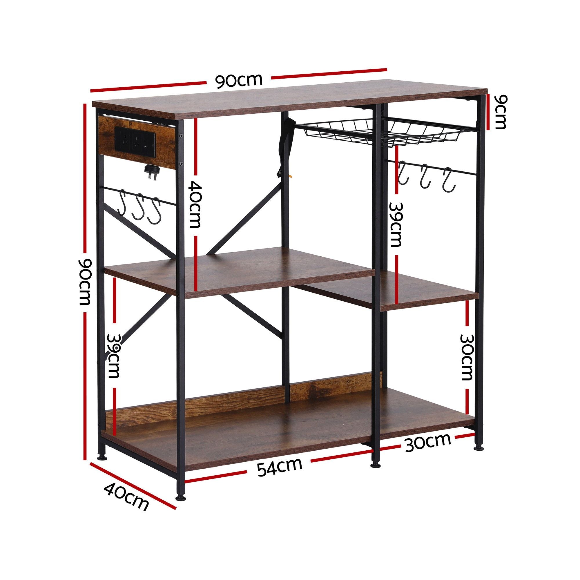 3-Tier Kitchen Rack with 2 Power Outlets Microwave Storage Shelf 6 Hooks 90CM
