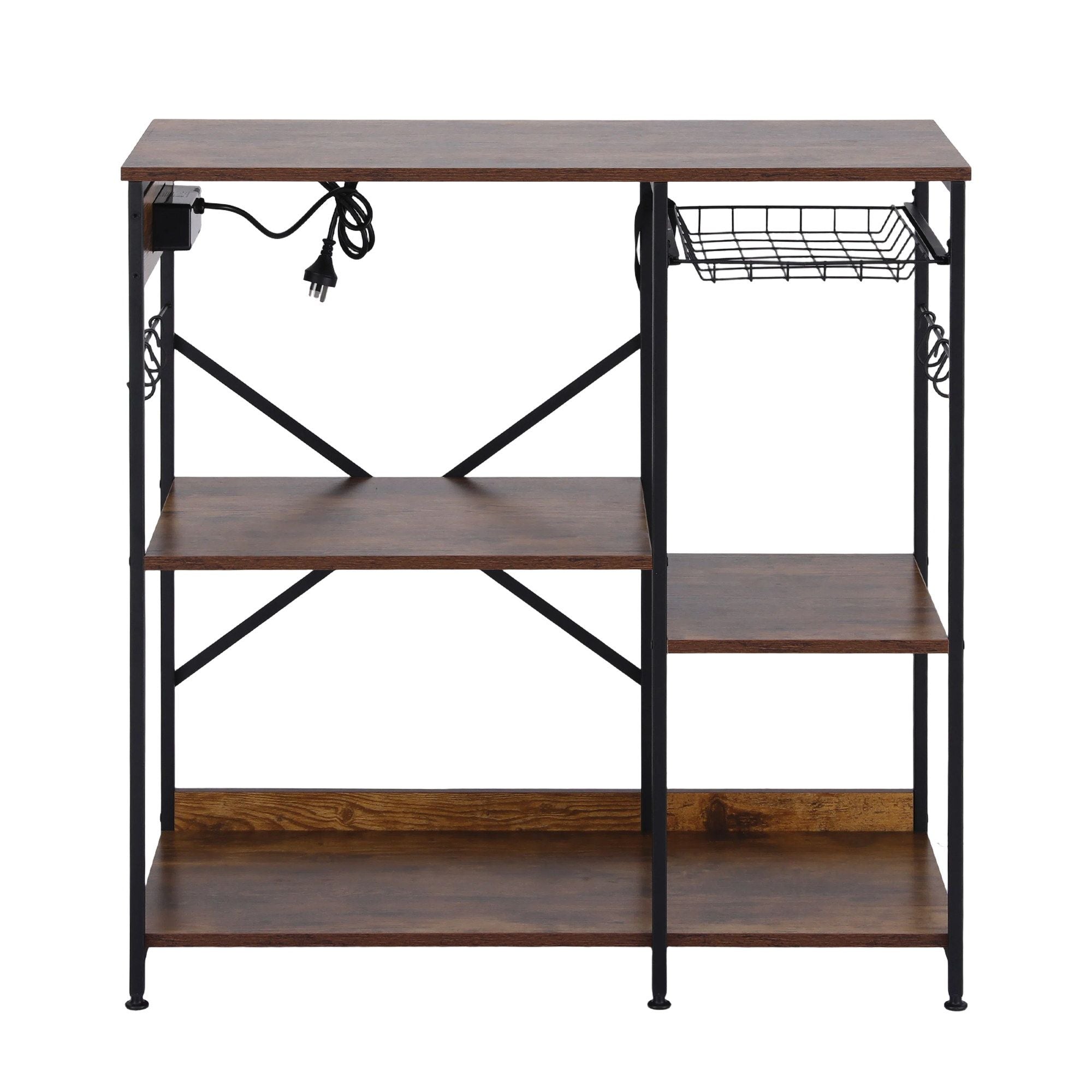 3-Tier Kitchen Rack with 2 Power Outlets Microwave Storage Shelf 6 Hooks 90CM