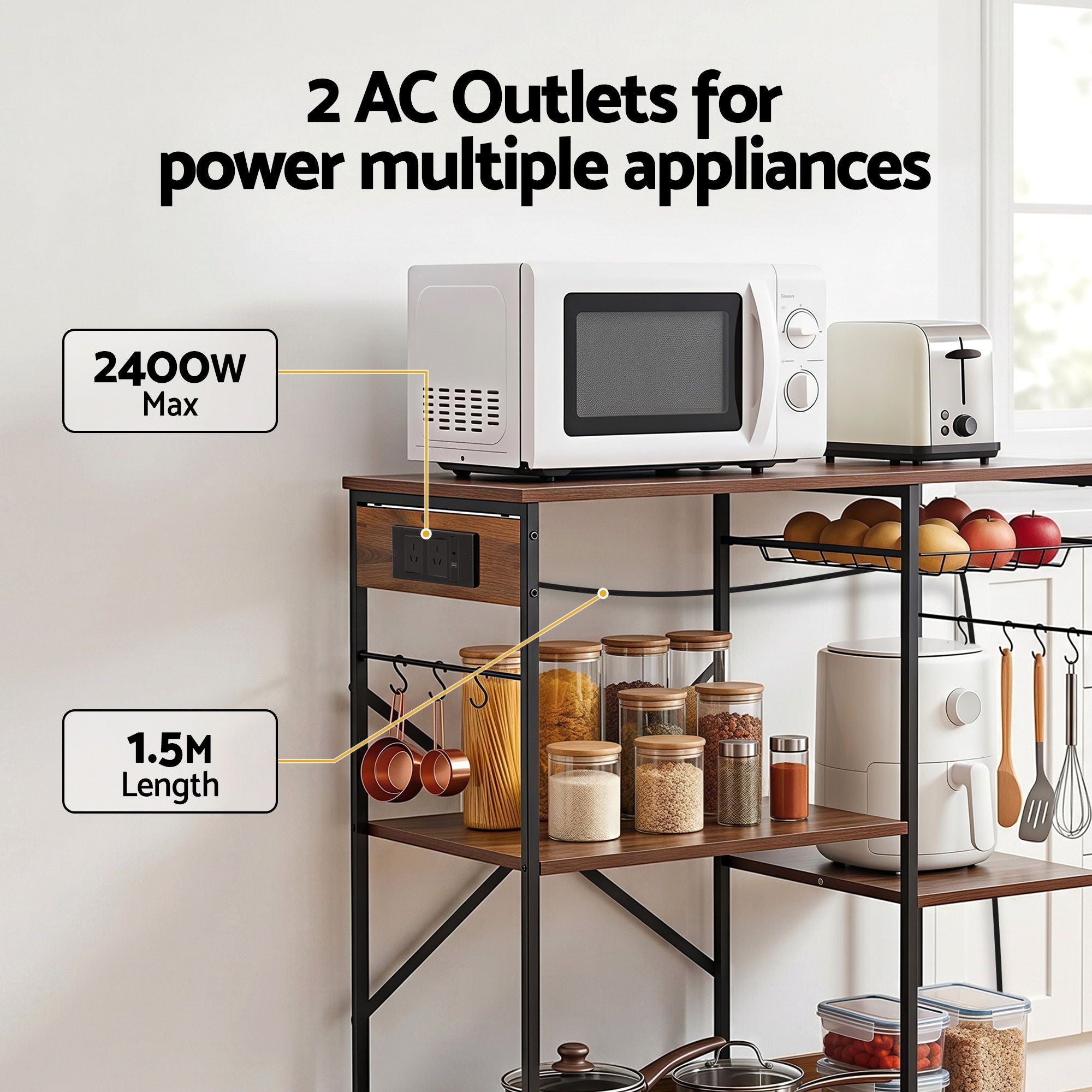 3-Tier Kitchen Rack with 2 Power Outlets Microwave Storage Shelf 6 Hooks 90CM