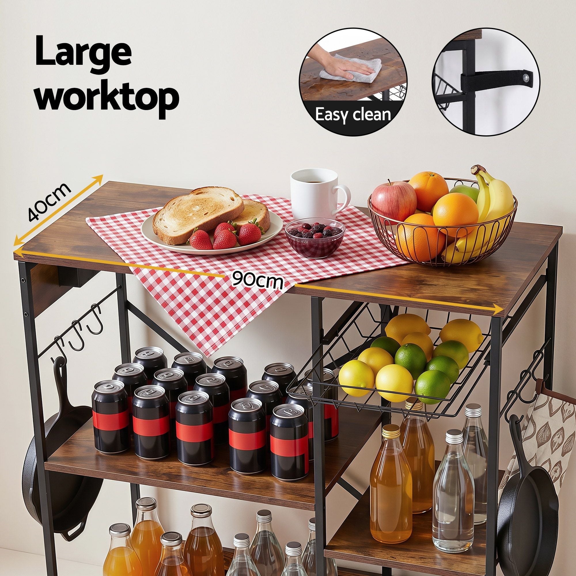3-Tier Kitchen Rack with 2 Power Outlets Microwave Storage Shelf 6 Hooks 90CM