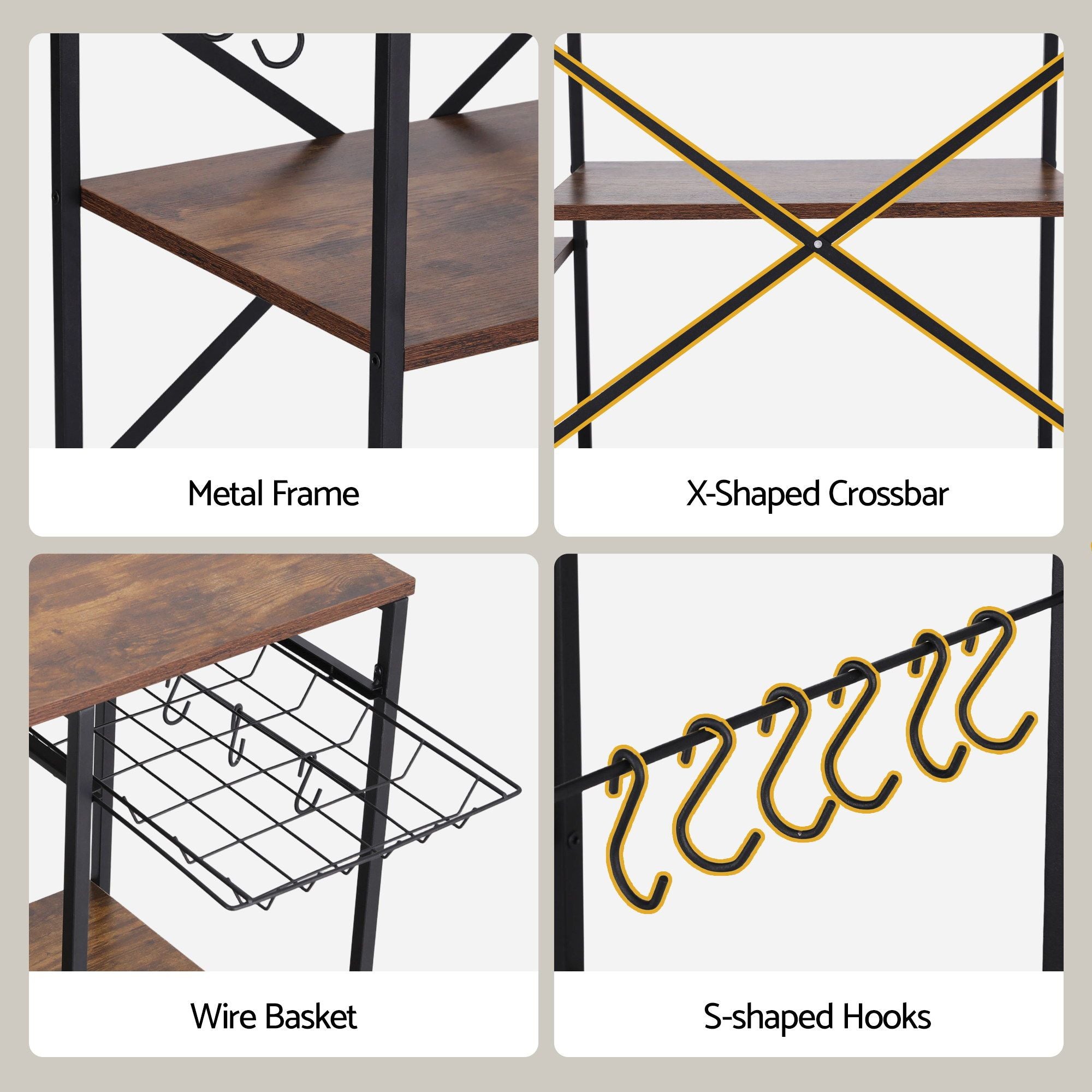 3-Tier Kitchen Rack with 2 Power Outlets Microwave Storage Shelf 6 Hooks 90CM
