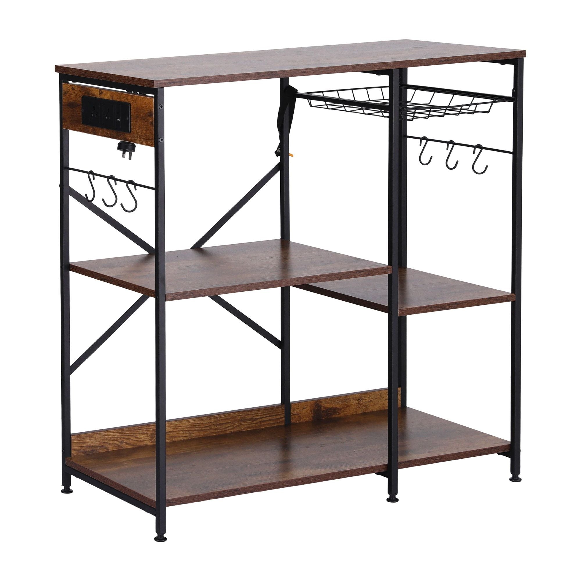 3-Tier Kitchen Rack with 2 Power Outlets Microwave Storage Shelf 6 Hooks 90CM