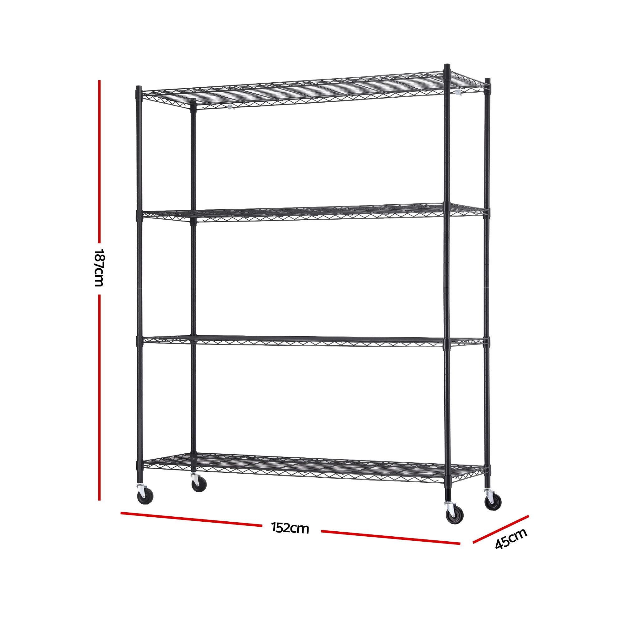 4-Tier Kitchen Rack Shelf with Wheels Shelving 152x45x187CM Adjustable Metal Storage Shelves