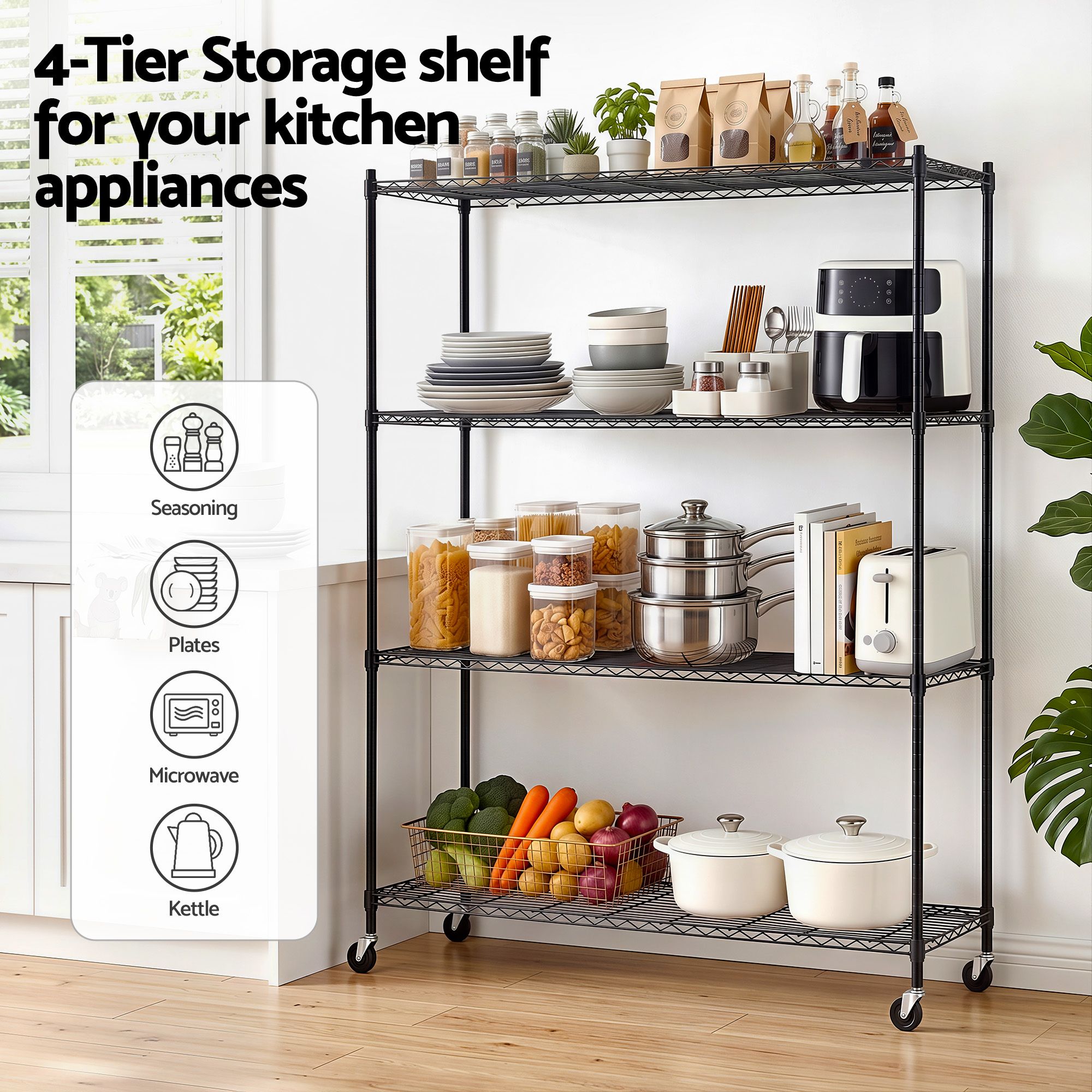 4-Tier Kitchen Rack Shelf with Wheels Shelving 152x45x187CM Adjustable Metal Storage Shelves