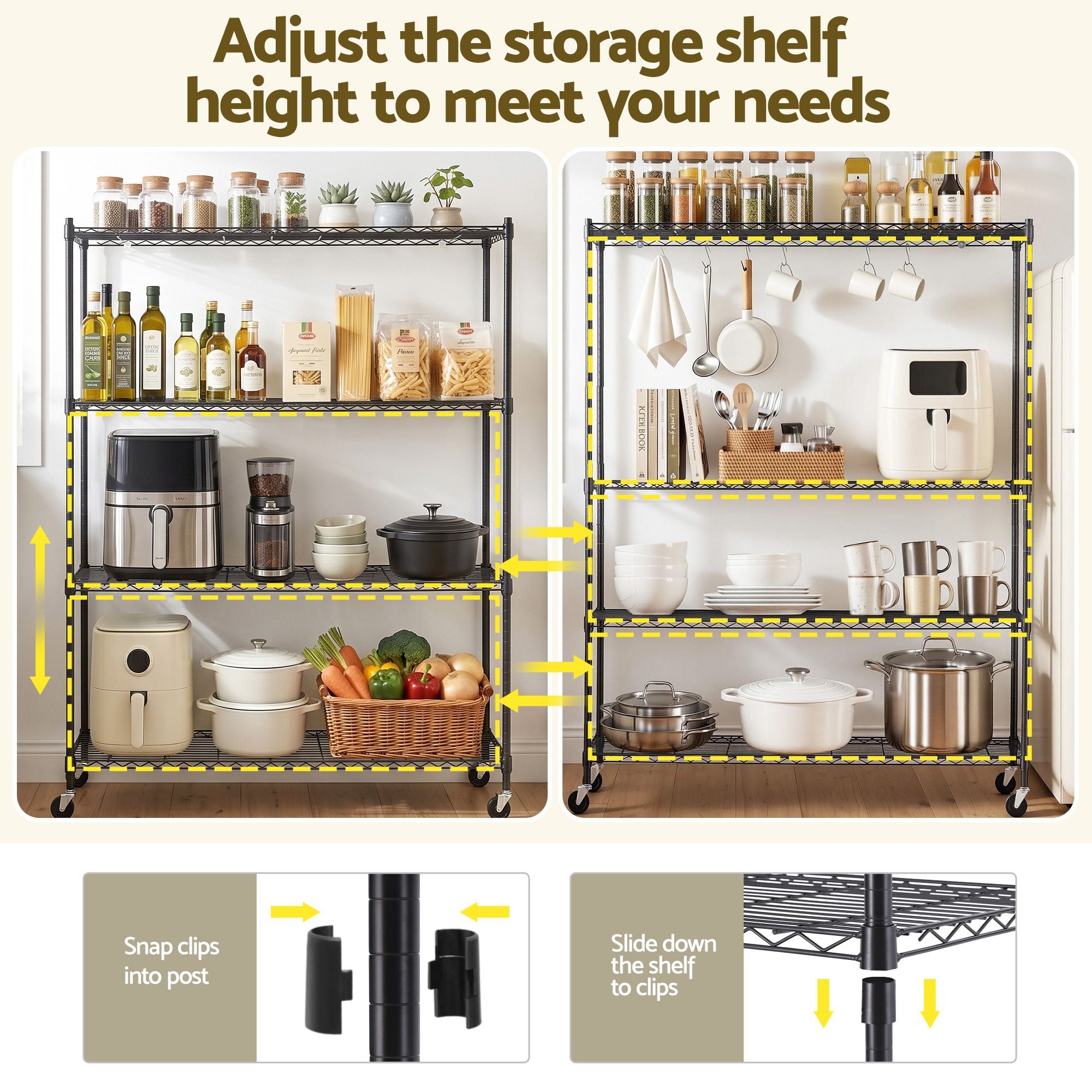 4-Tier Kitchen Rack Shelf with Wheels Shelving 152x45x187CM Adjustable Metal Storage Shelves