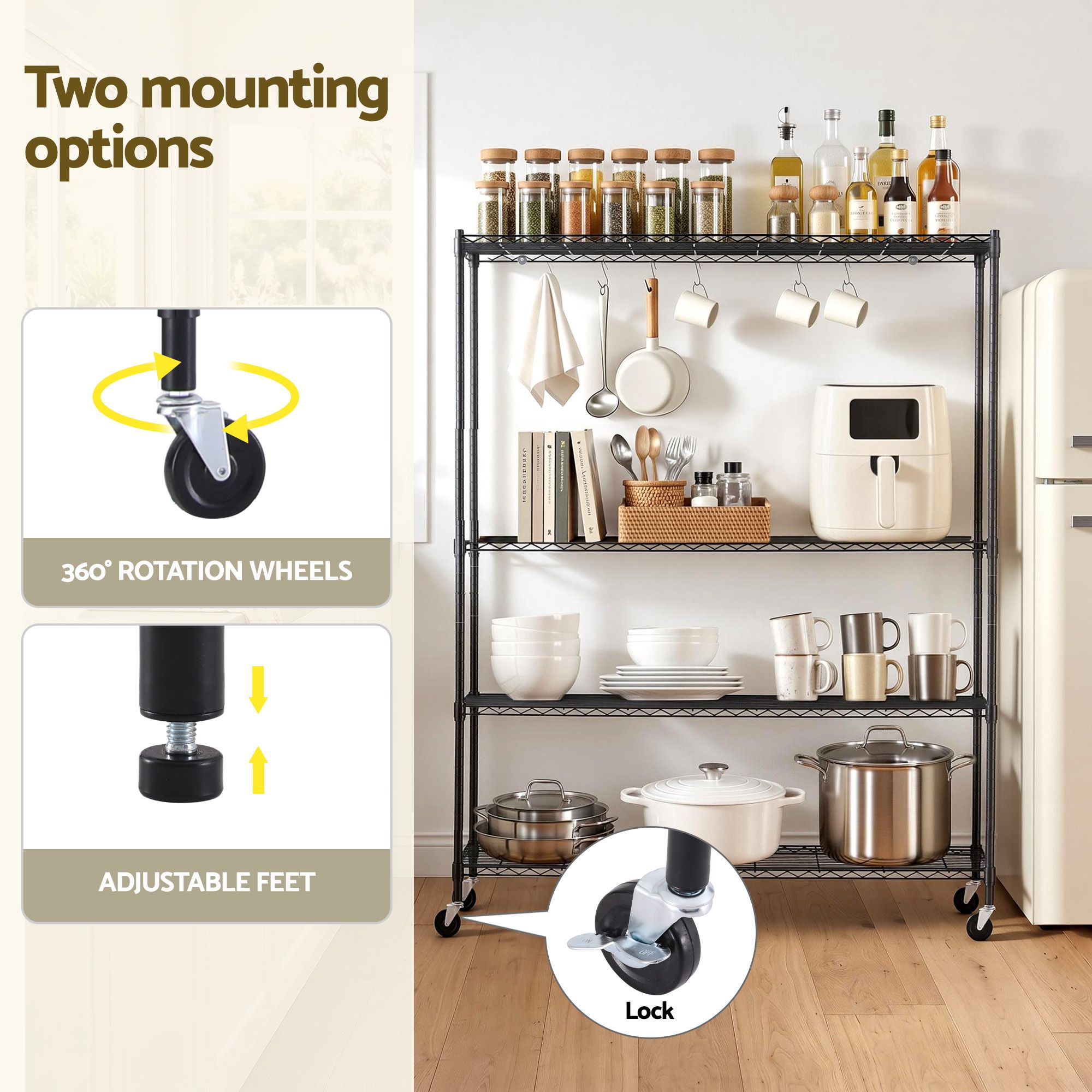 4-Tier Kitchen Rack Shelf with Wheels Shelving 152x45x187CM Adjustable Metal Storage Shelves