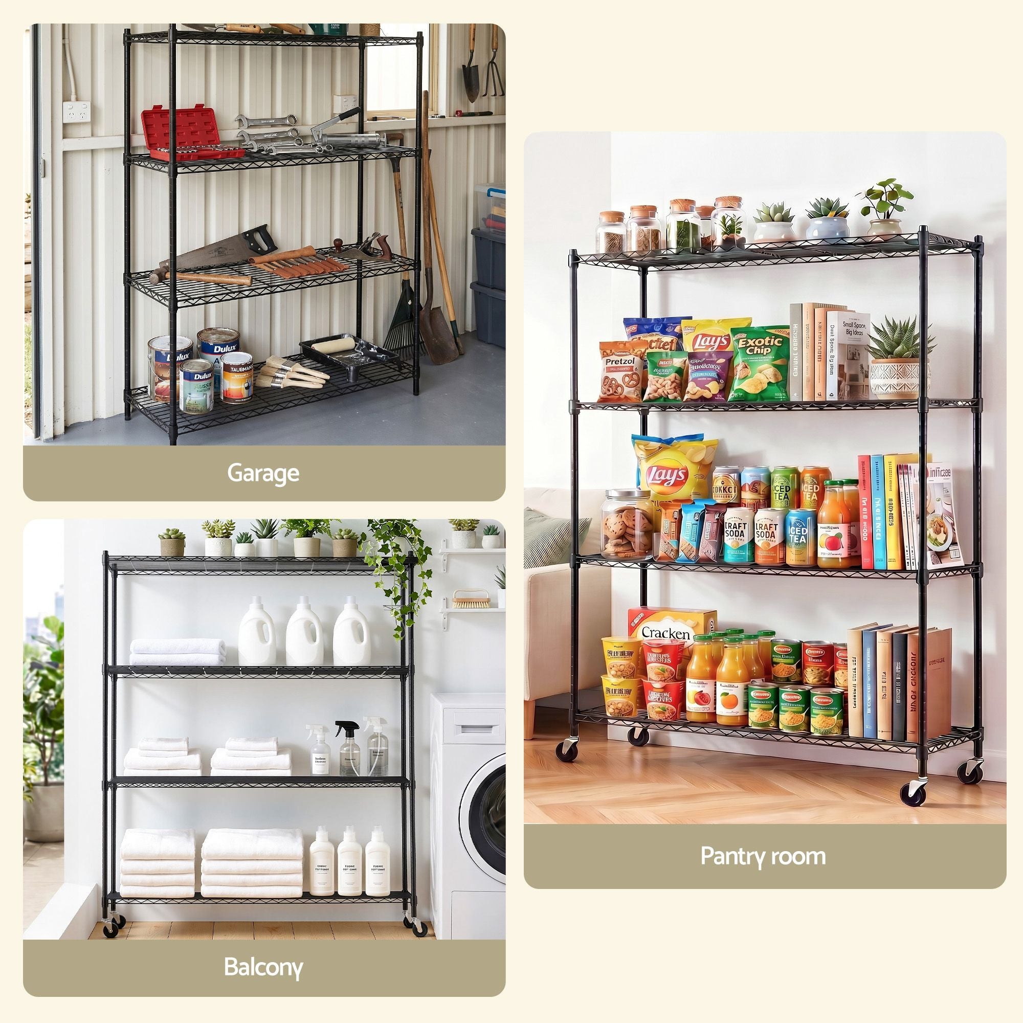 4-Tier Kitchen Rack Shelf with Wheels Shelving 152x45x187CM Adjustable Metal Storage Shelves
