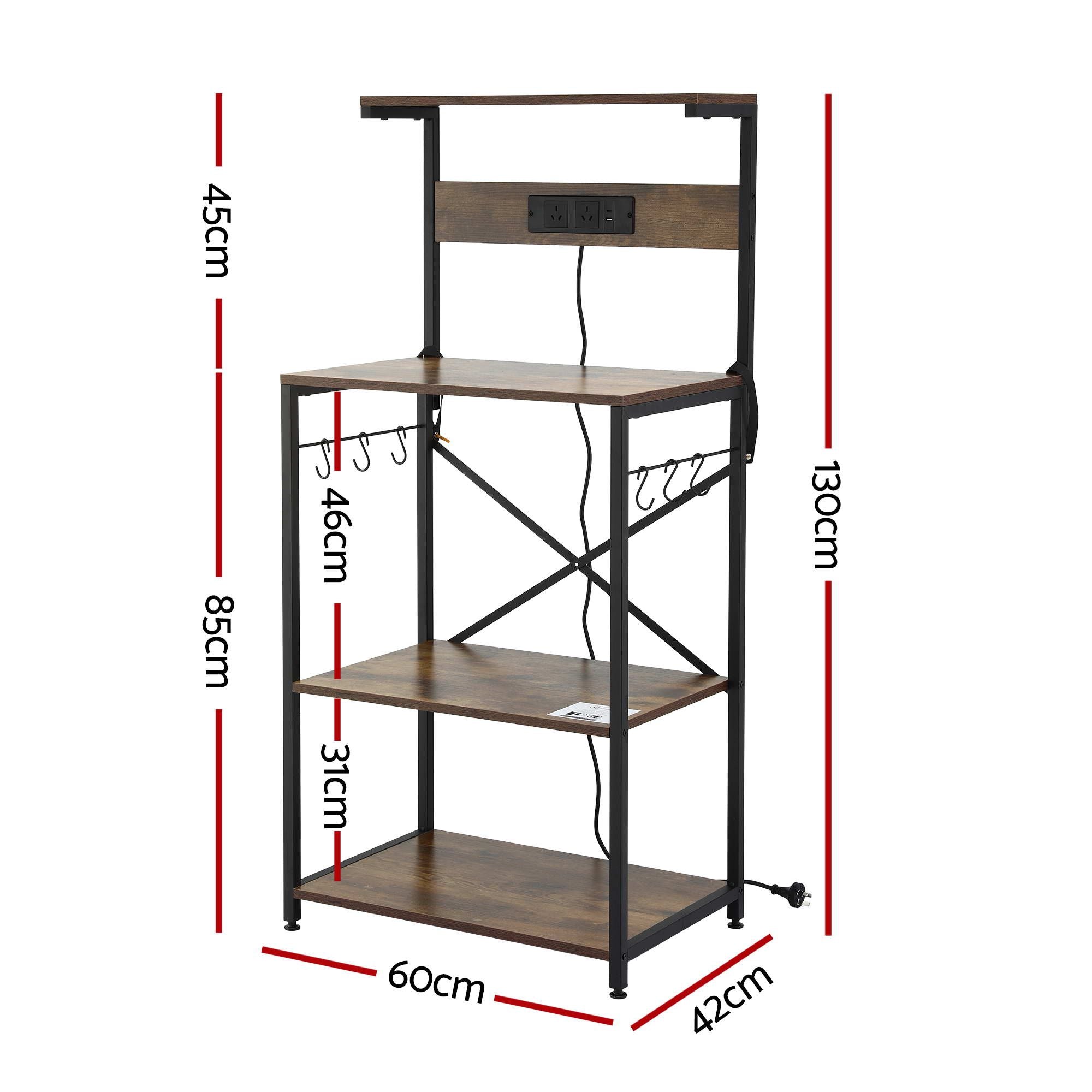 4-Tier Kitchen Rack with 2 Power Outlets 6 Hooks Microwave Storage Shelf