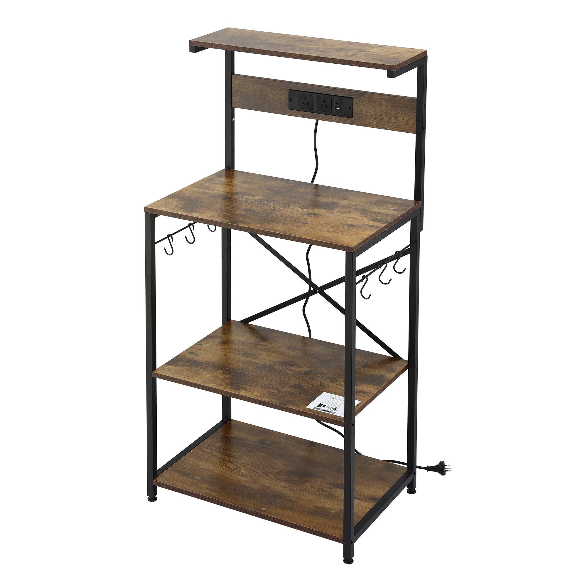 4-Tier Kitchen Rack with 2 Power Outlets 6 Hooks Microwave Storage Shelf