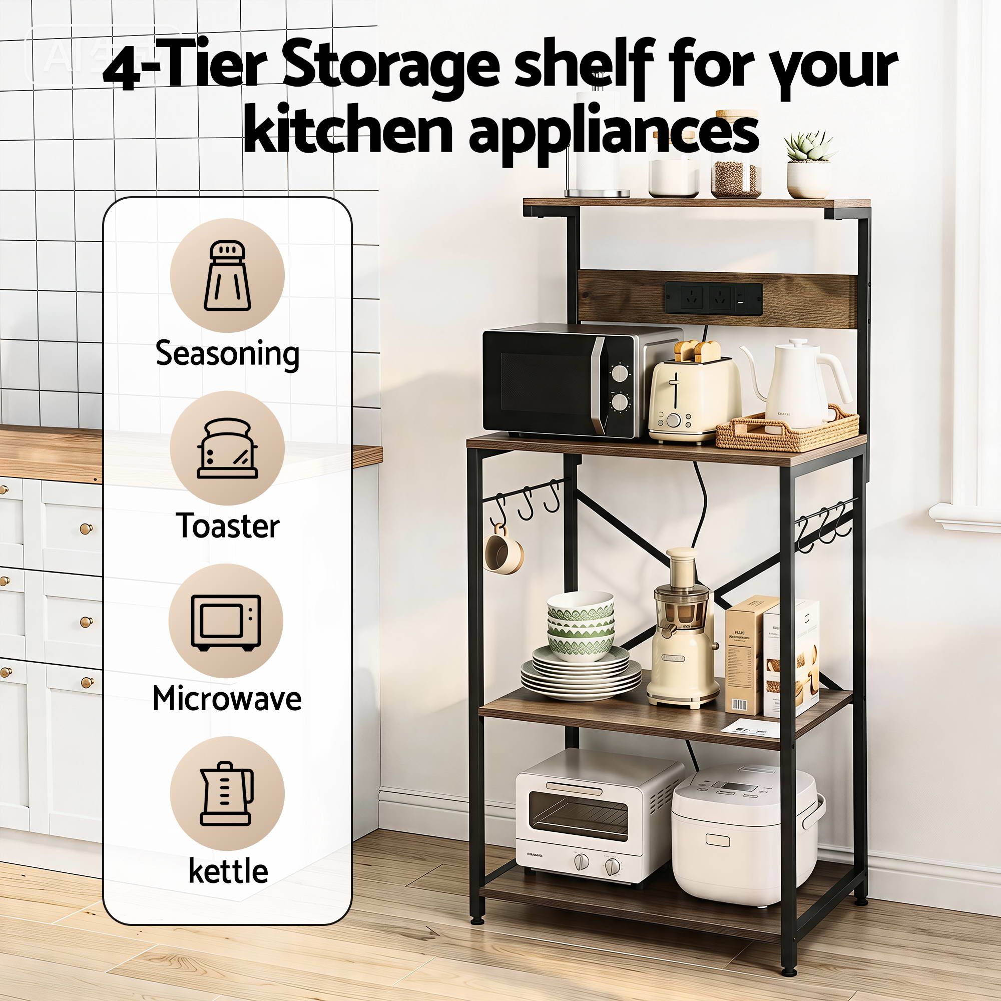 4-Tier Kitchen Rack with 2 Power Outlets 6 Hooks Microwave Storage Shelf