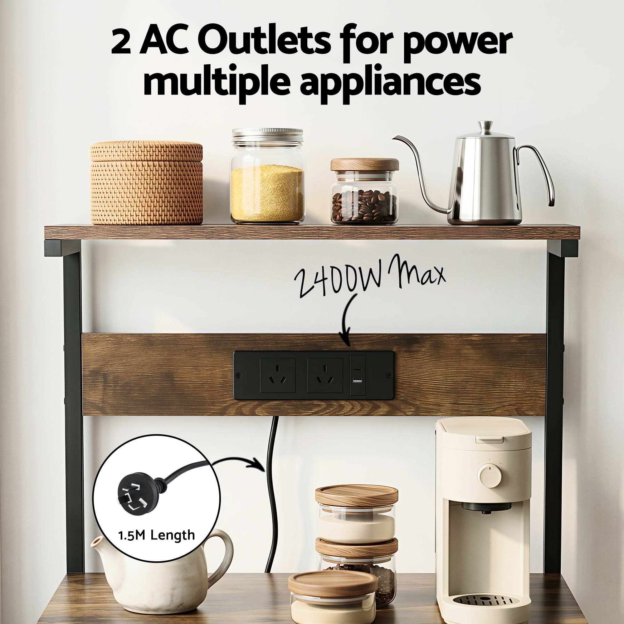 4-Tier Kitchen Rack with 2 Power Outlets 6 Hooks Microwave Storage Shelf