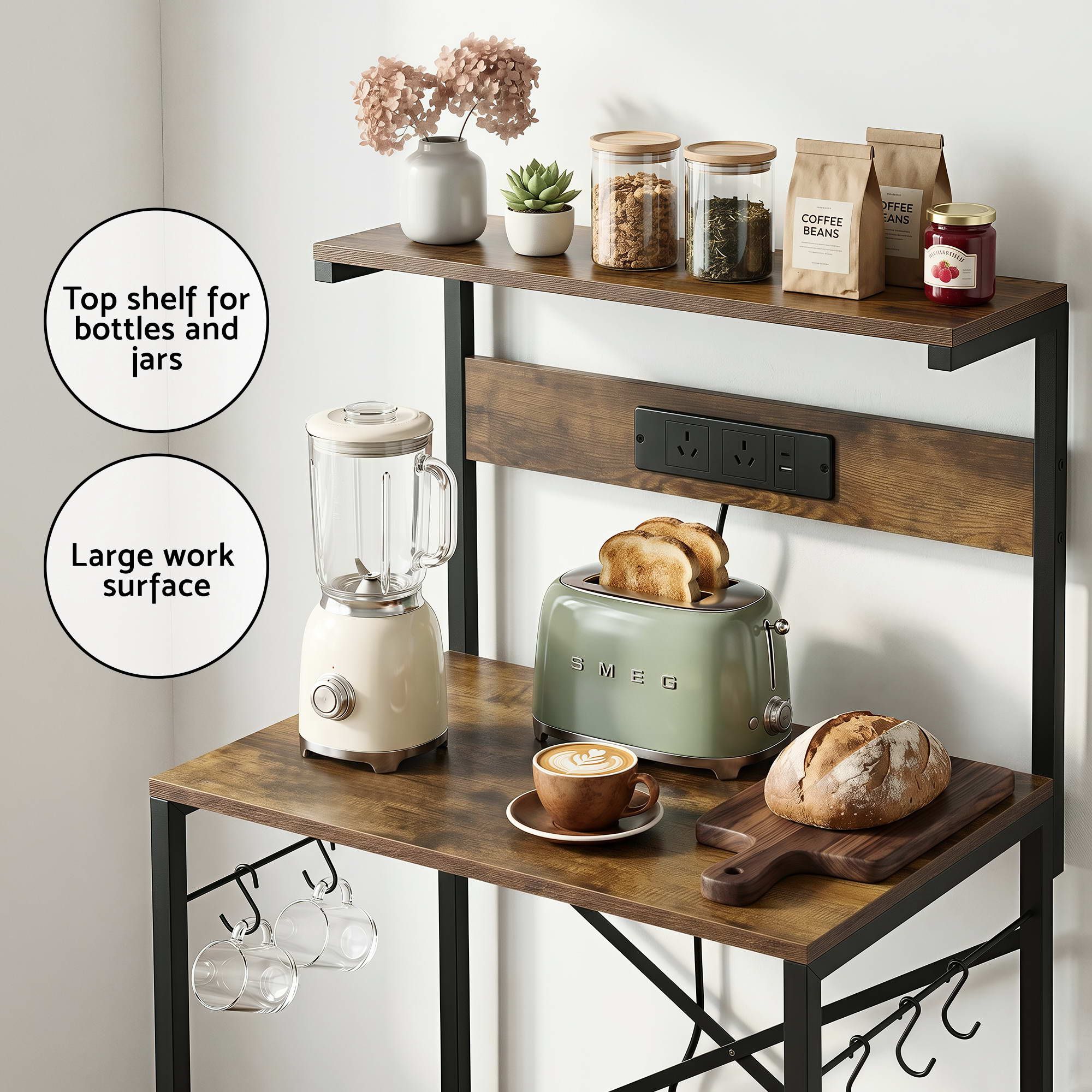 4-Tier Kitchen Rack with 2 Power Outlets 6 Hooks Microwave Storage Shelf
