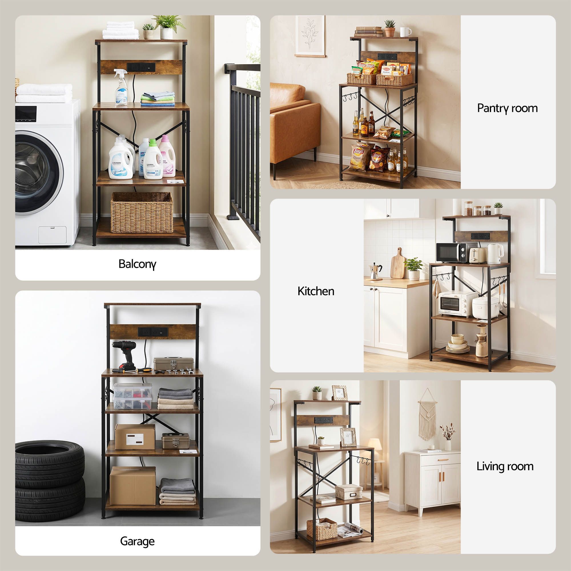 4-Tier Kitchen Rack with 2 Power Outlets 6 Hooks Microwave Storage Shelf