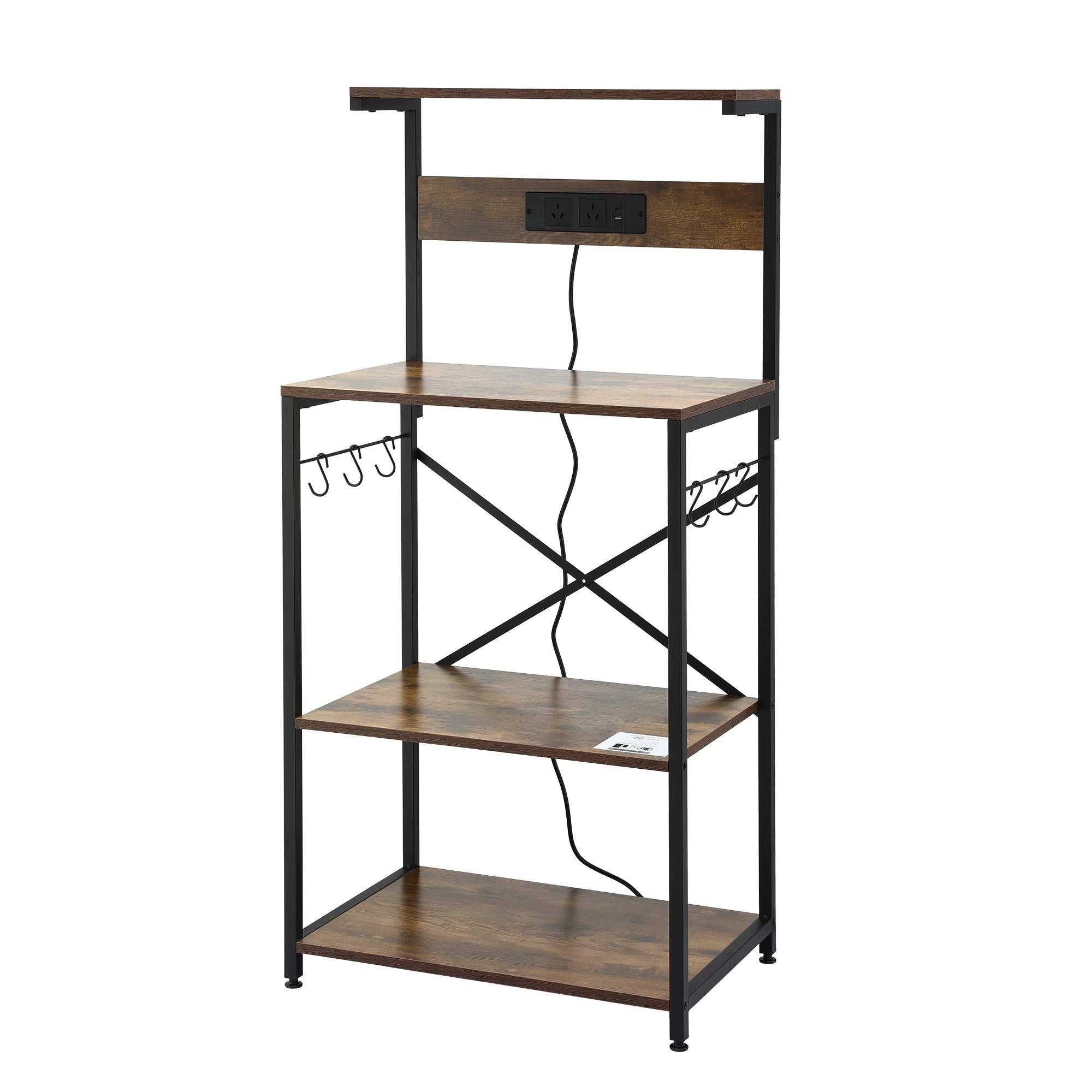 4-Tier Kitchen Rack with 2 Power Outlets 6 Hooks Microwave Storage Shelf
