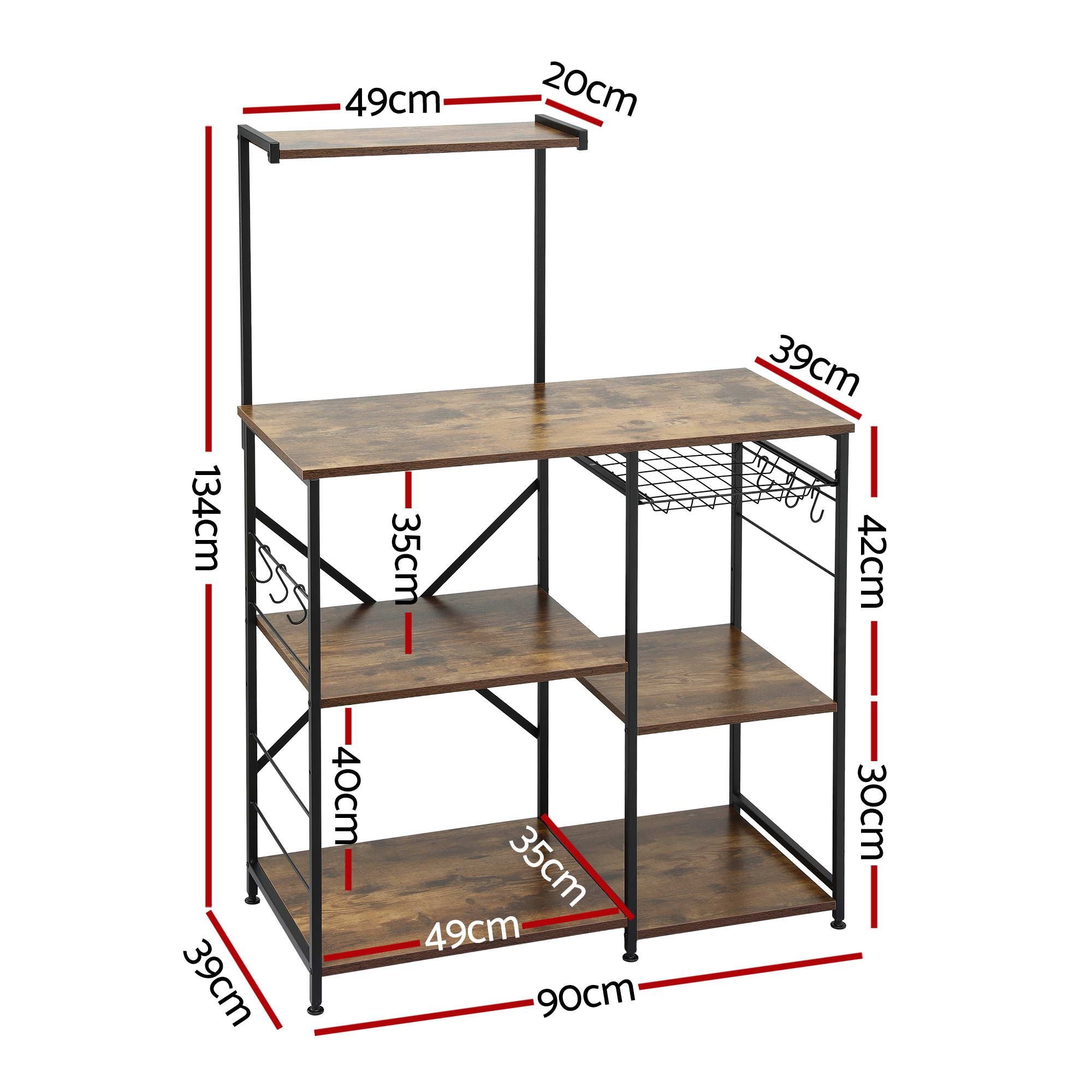 4-Tier Kitchen Rack with Pull Out Basket 6 Hooks Microwave Storage Shelf