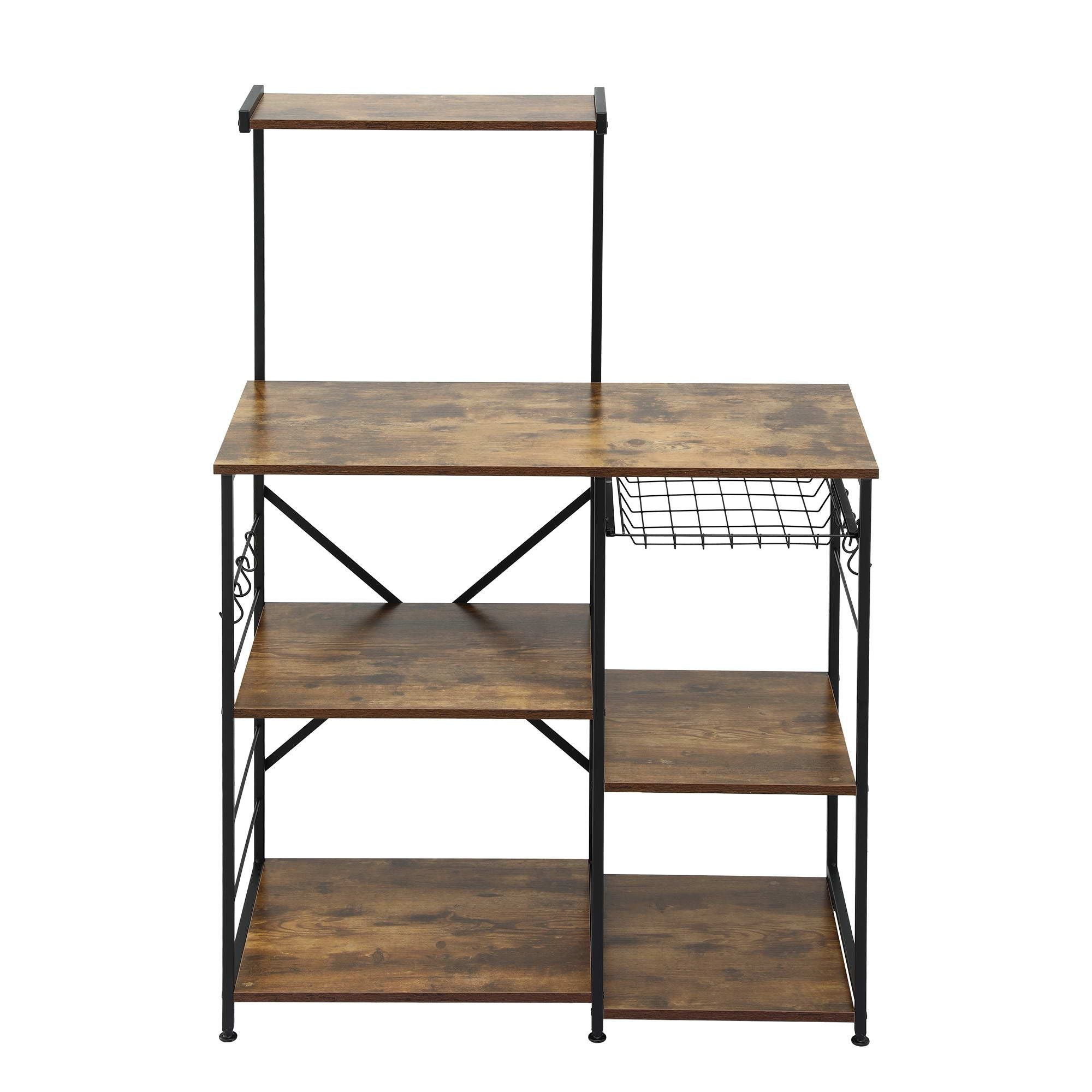 4-Tier Kitchen Rack with Pull Out Basket 6 Hooks Microwave Storage Shelf