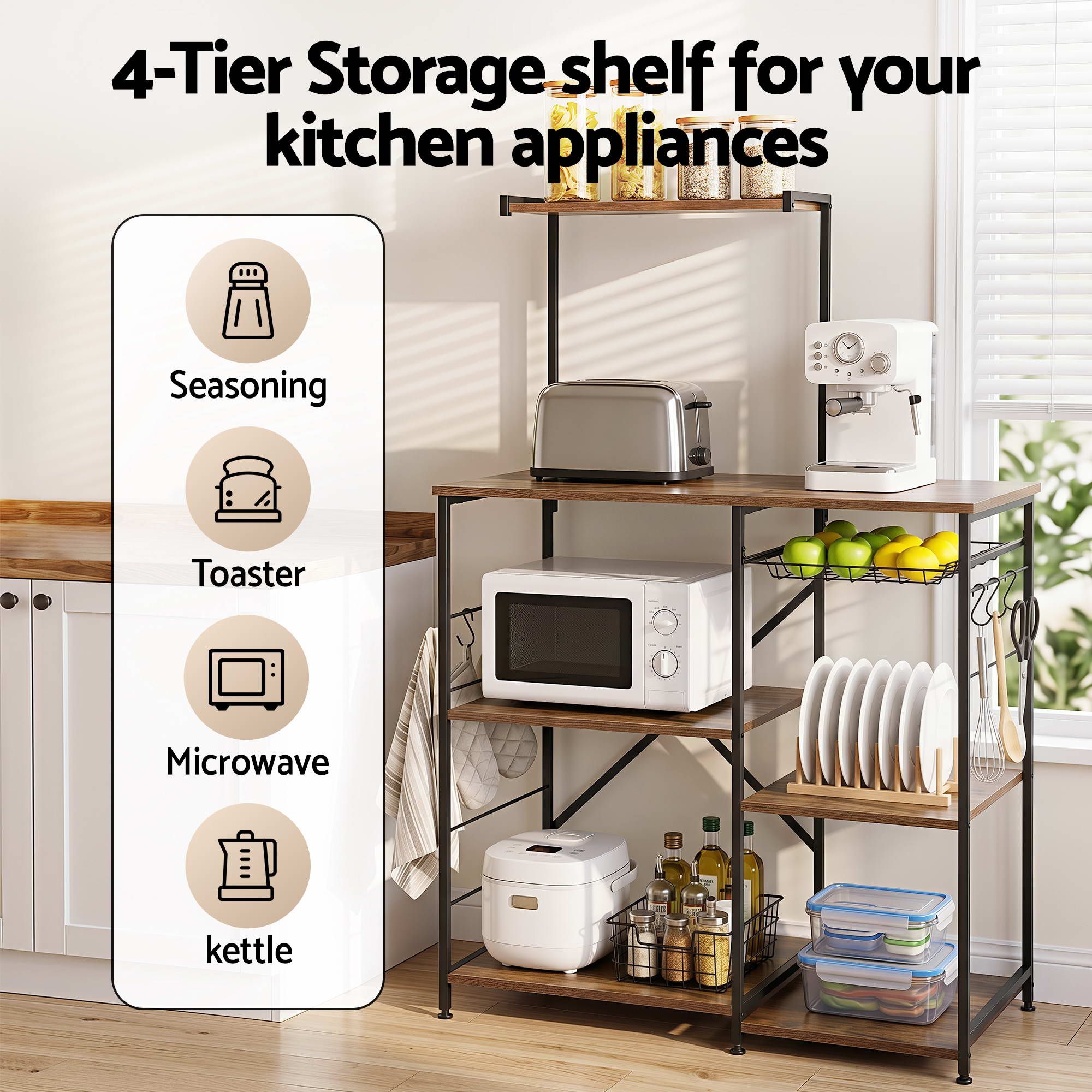 4-Tier Kitchen Rack with Pull Out Basket 6 Hooks Microwave Storage Shelf