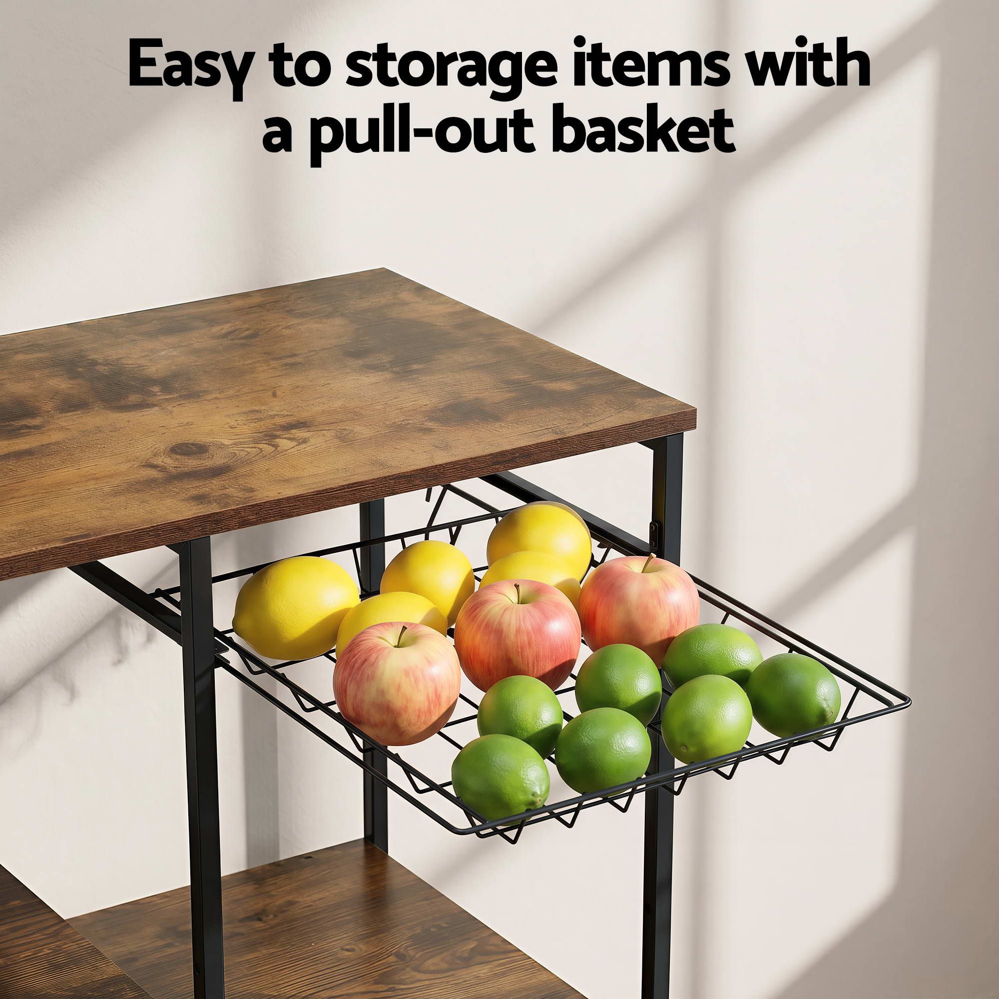 4-Tier Kitchen Rack with Pull Out Basket 6 Hooks Microwave Storage Shelf