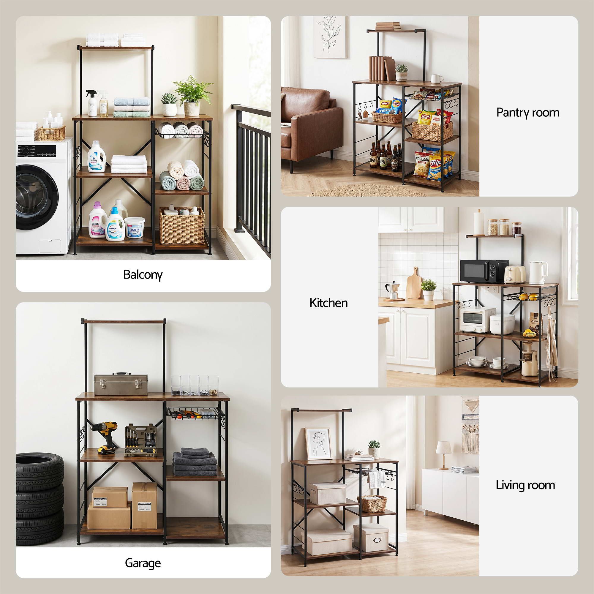 4-Tier Kitchen Rack with Pull Out Basket 6 Hooks Microwave Storage Shelf