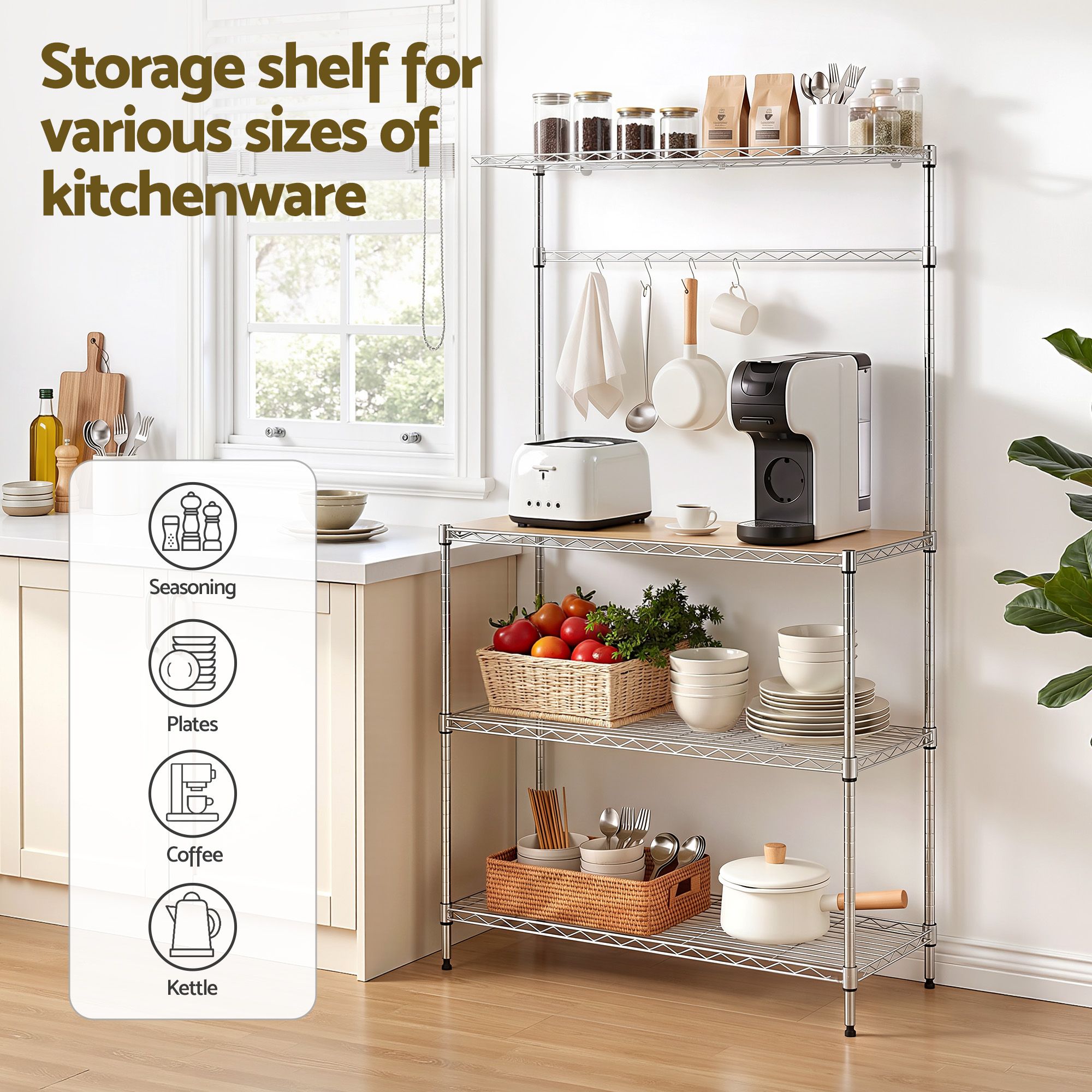 4-Tier Metal Kitchen Rack Shelf Silver Storage Shelves Organizer Microwave Stand 90cmx151cm