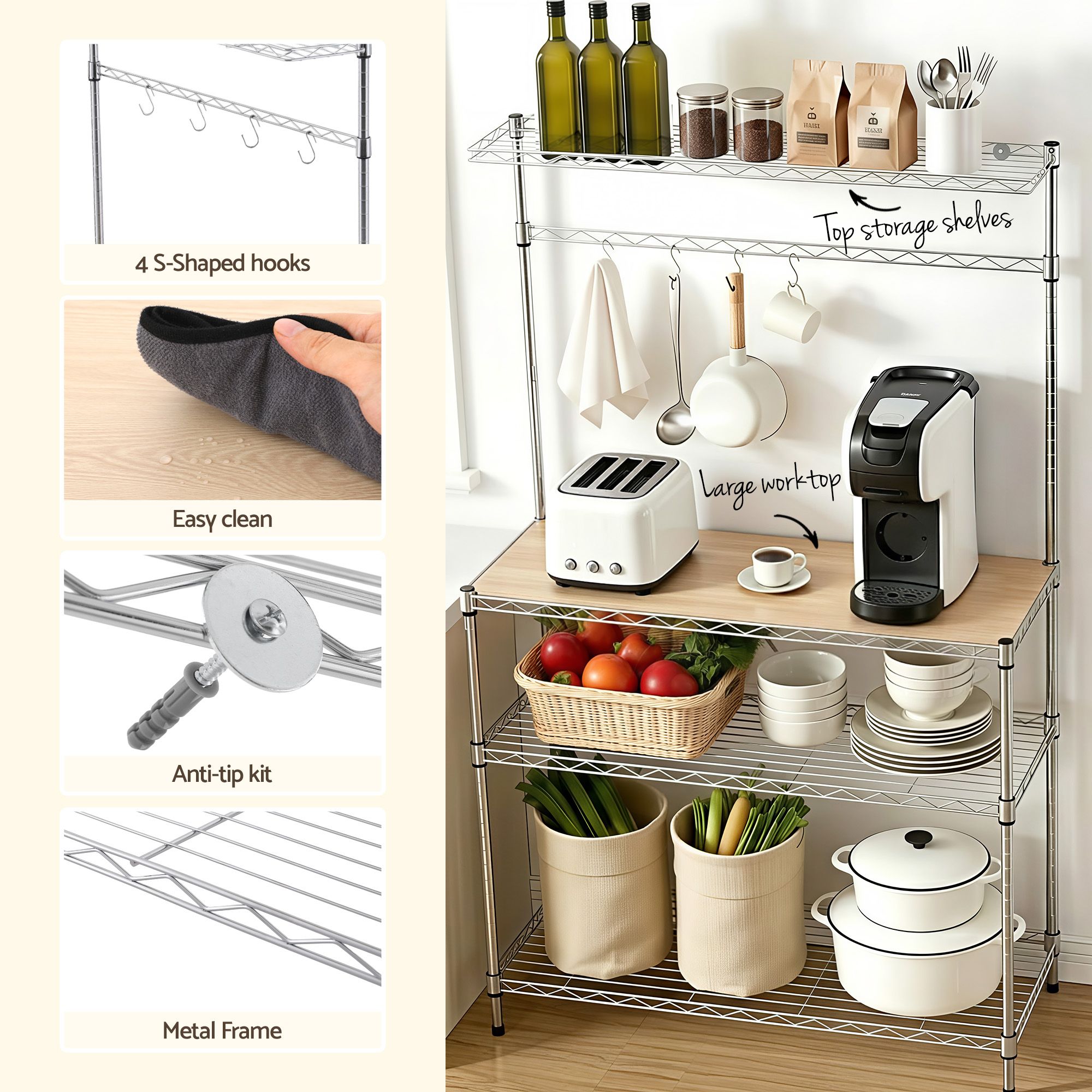4-Tier Metal Kitchen Rack Shelf Silver Storage Shelves Organizer Microwave Stand 90cmx151cm