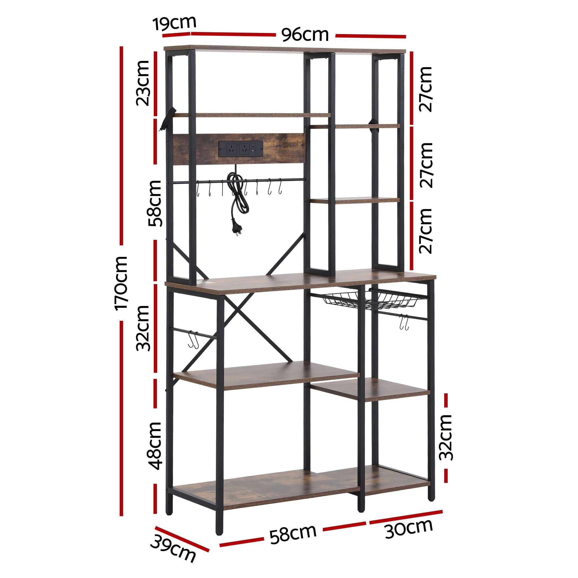 Kitchen Rack with Power Outlets Hooks 96CMX170CM Microwave Storage Shelf