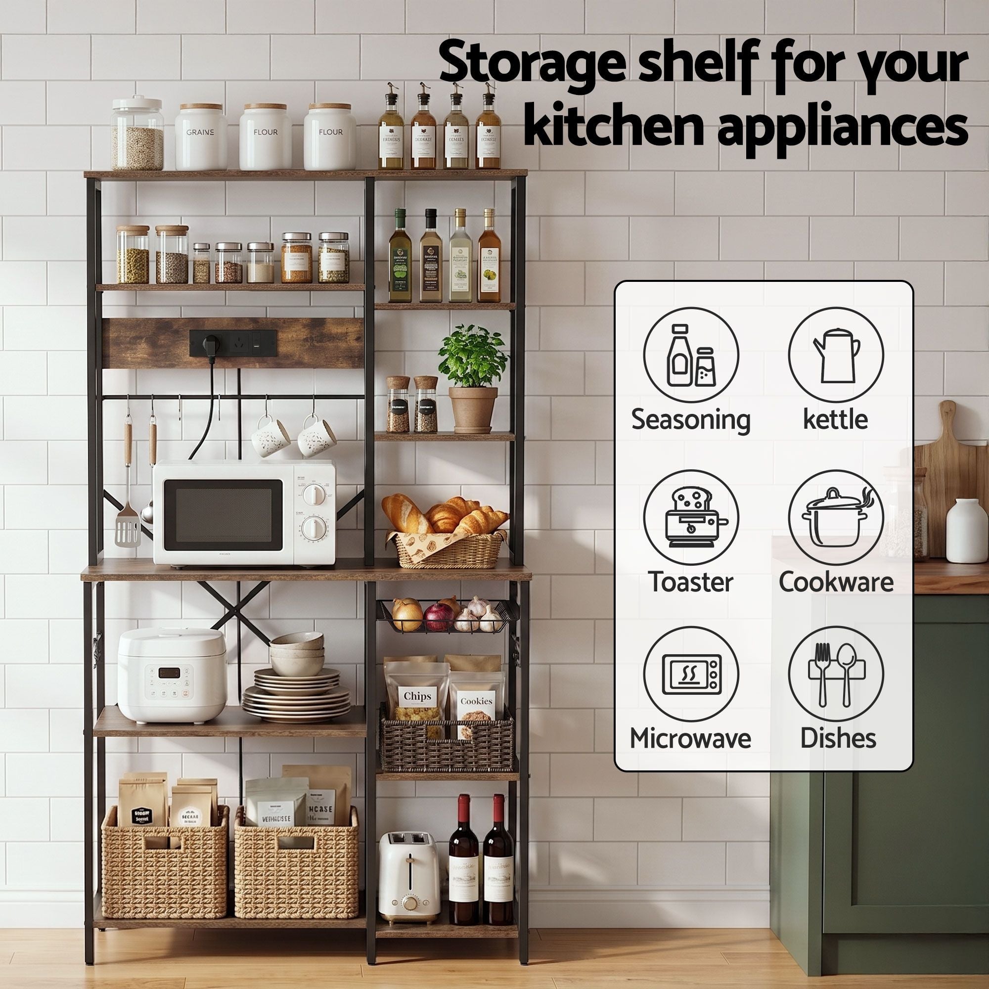 Kitchen Rack with Power Outlets Hooks 96CMX170CM Microwave Storage Shelf