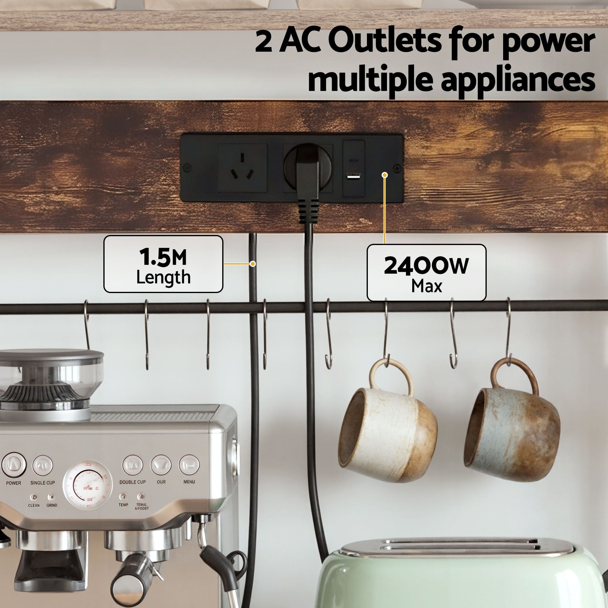 Kitchen Rack with Power Outlets Hooks 96CMX170CM Microwave Storage Shelf