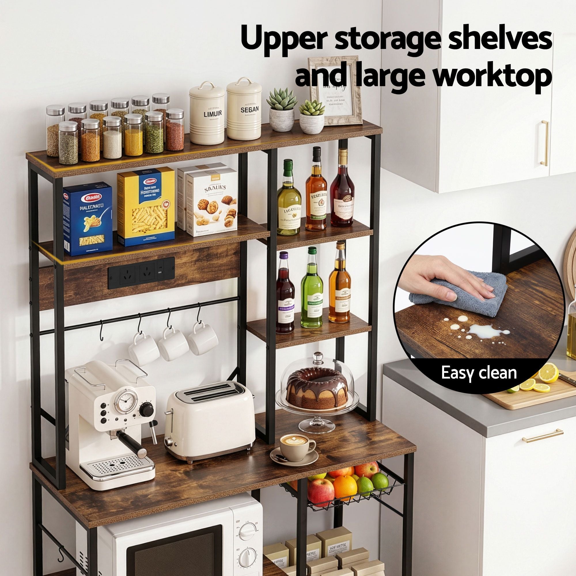 Kitchen Rack with Power Outlets Hooks 96CMX170CM Microwave Storage Shelf