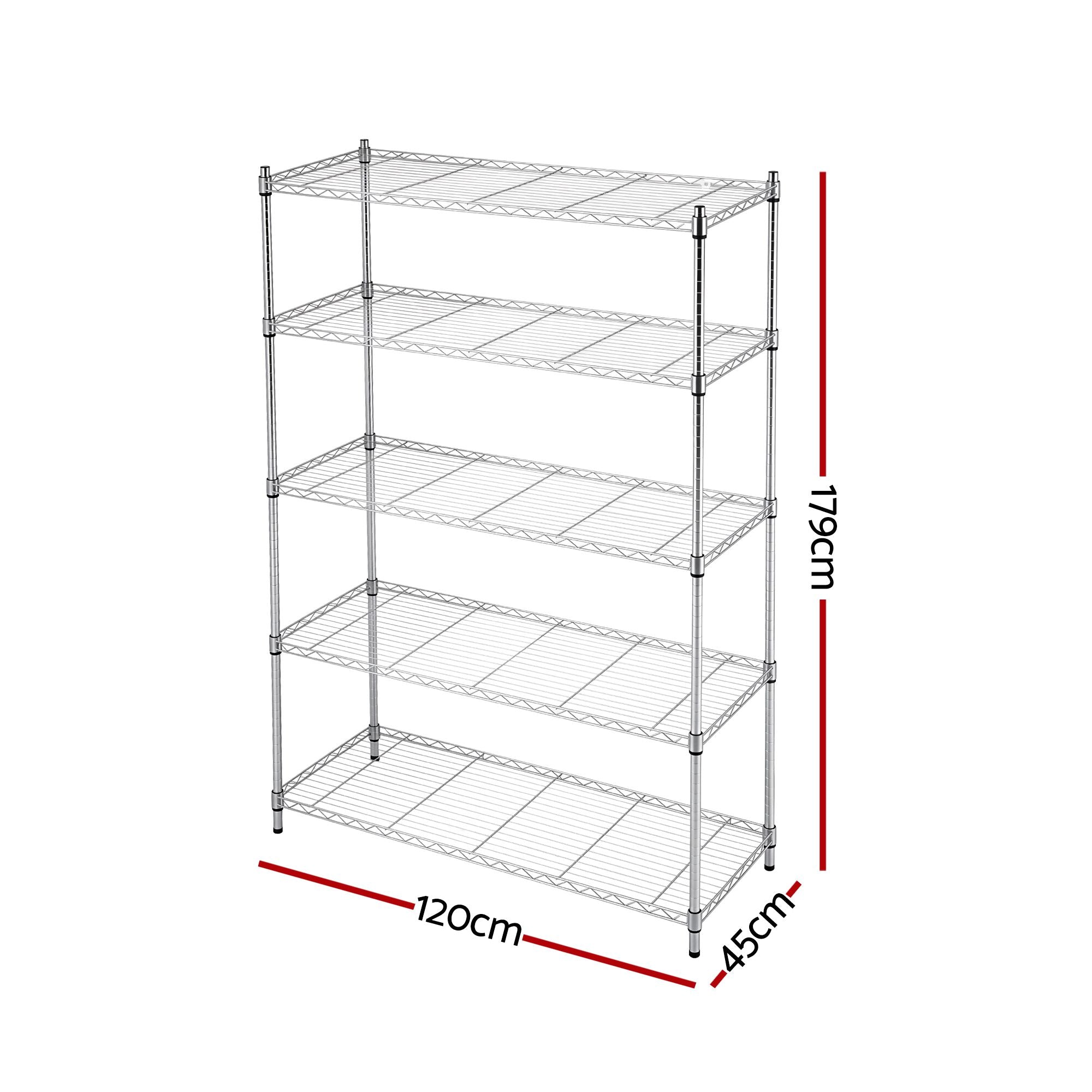 5-Tier Kitchen Rack Shelf Shelving 120x45x179CM Adjustable Metal Storage Shelves