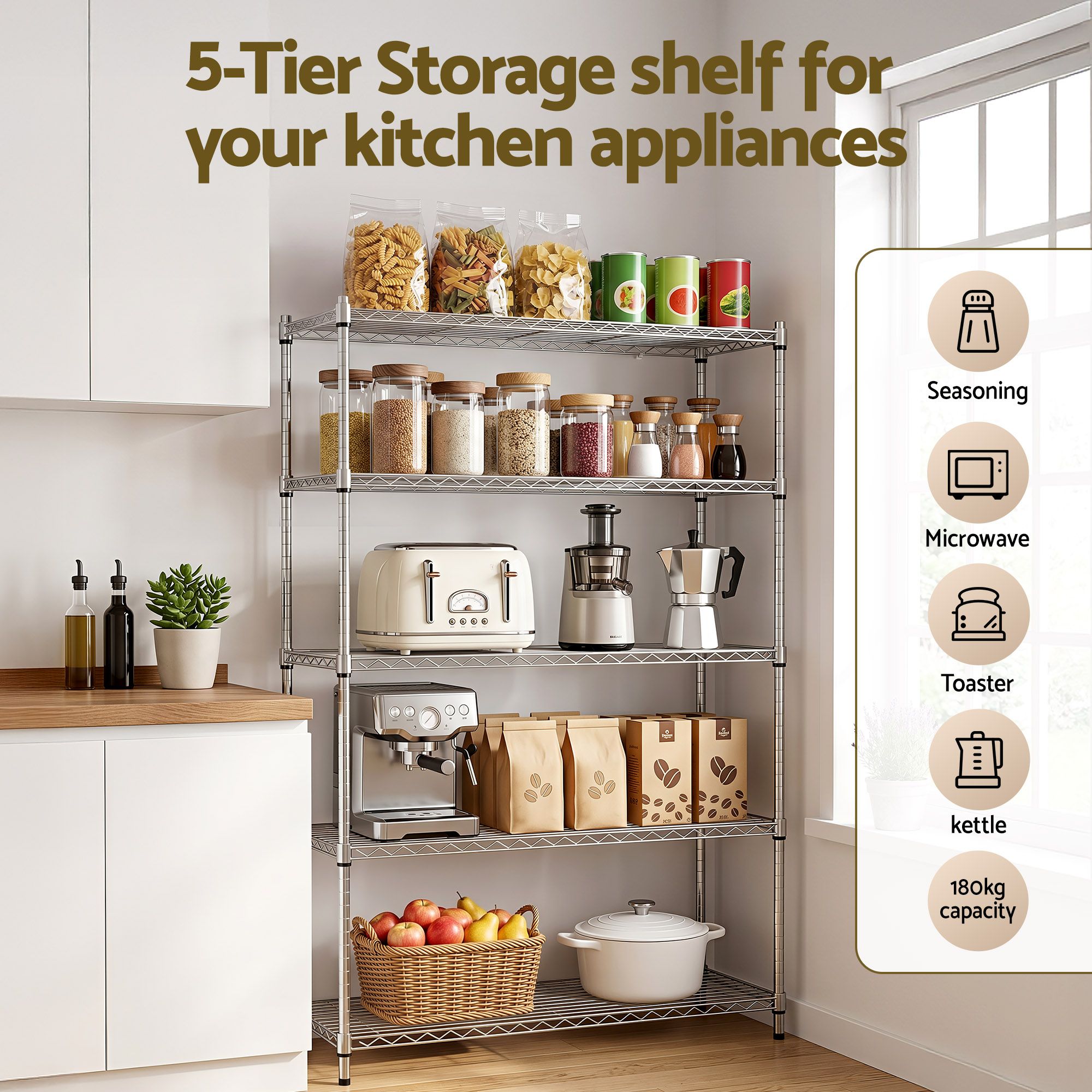 5-Tier Kitchen Rack Shelf Shelving 120x45x179CM Adjustable Metal Storage Shelves